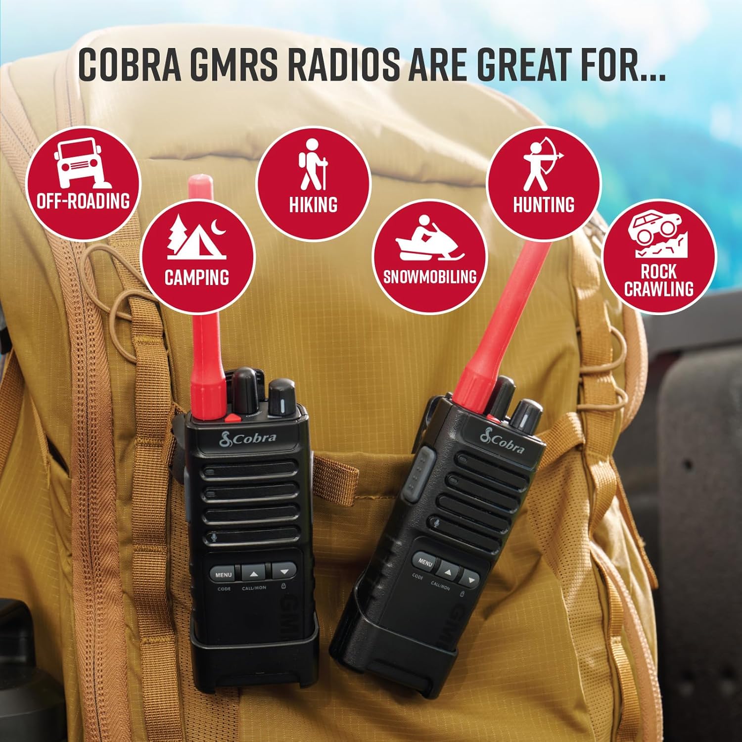 Cobra TrailBlazer 500 GMRS Radio (2-Pack) – IP54 Rugged No-Display Design, 2.5W Long Range Walkie Talkies, 16hr Battery, Swivel Holster, Programmable Software, Removable Antenna, Repeater Compatible