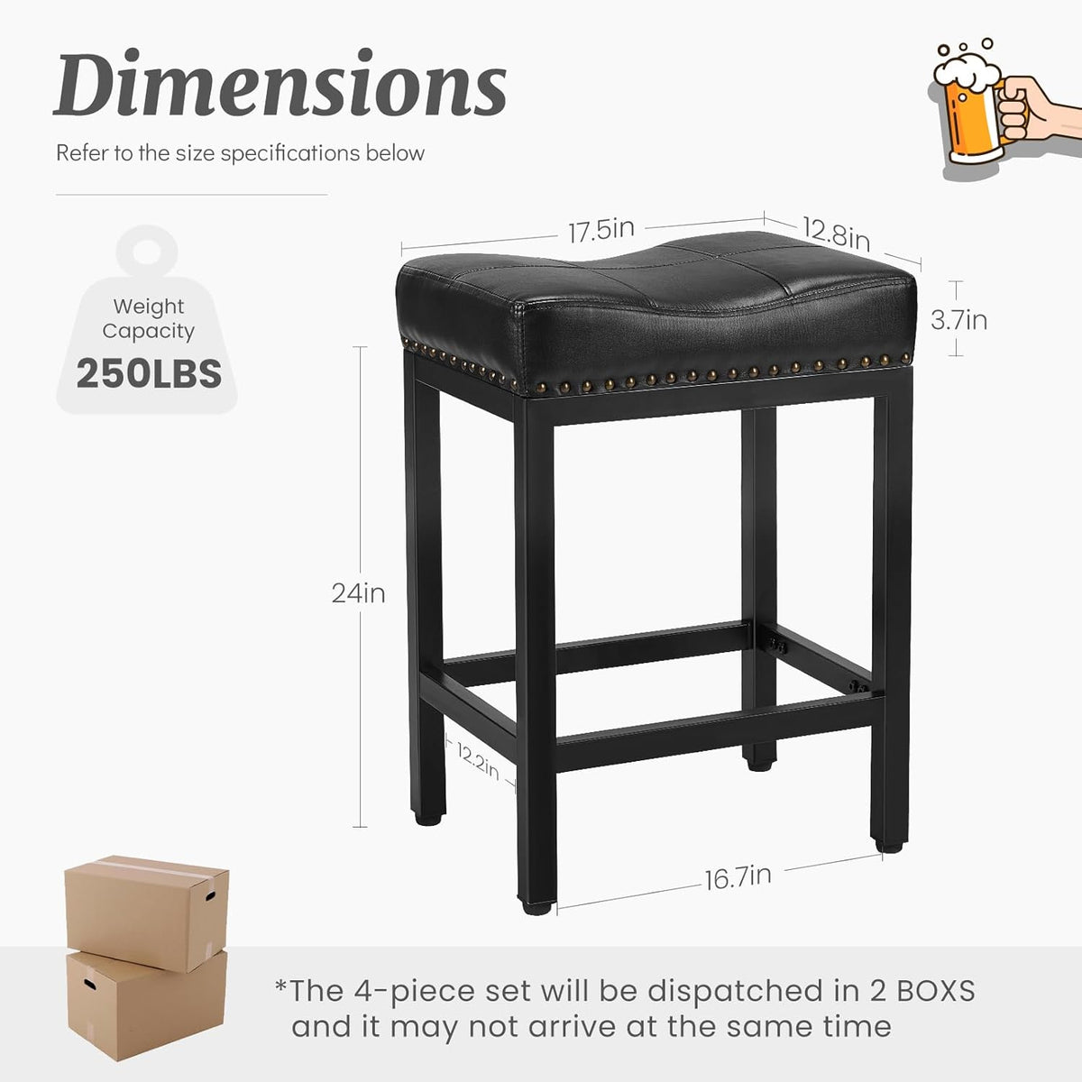 DUMOS Saddle Bar Stools Set of 4, 24 Inch Counter Height Stools with Curved PU Leather Surface, 3.7" Thick Upholstery Bar Height Stools with Footrest for Kitchen Island, Dining, Cafe, Black