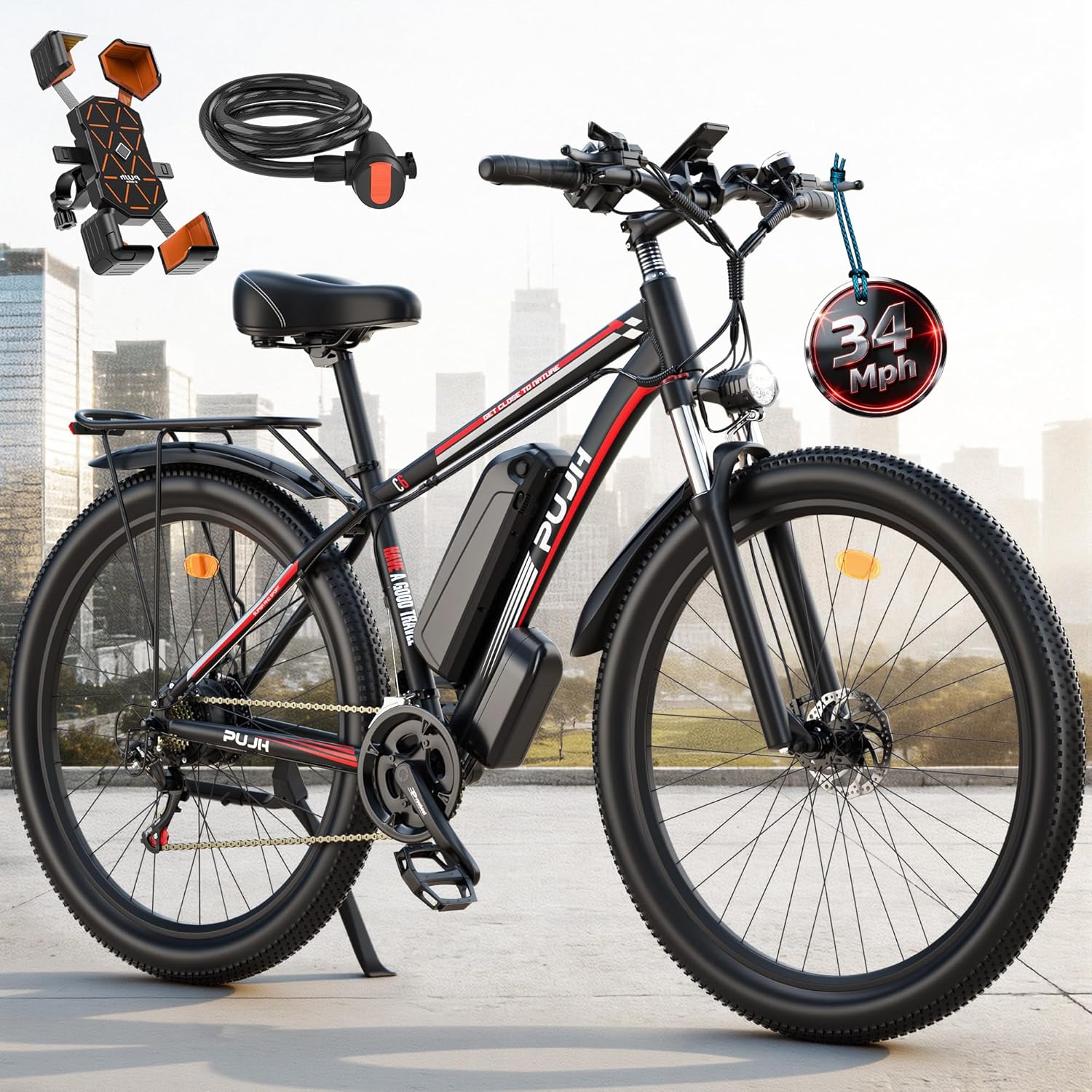 2000w Electric Bike for Adults PU1,Max 34 MPH Speed Up to 80 Miles Range,29" Tire with 48V 17.5Ah Removable Battery,Fast City Commuter Electric Bicycles for Mountain Road Sand Snow for Men Women