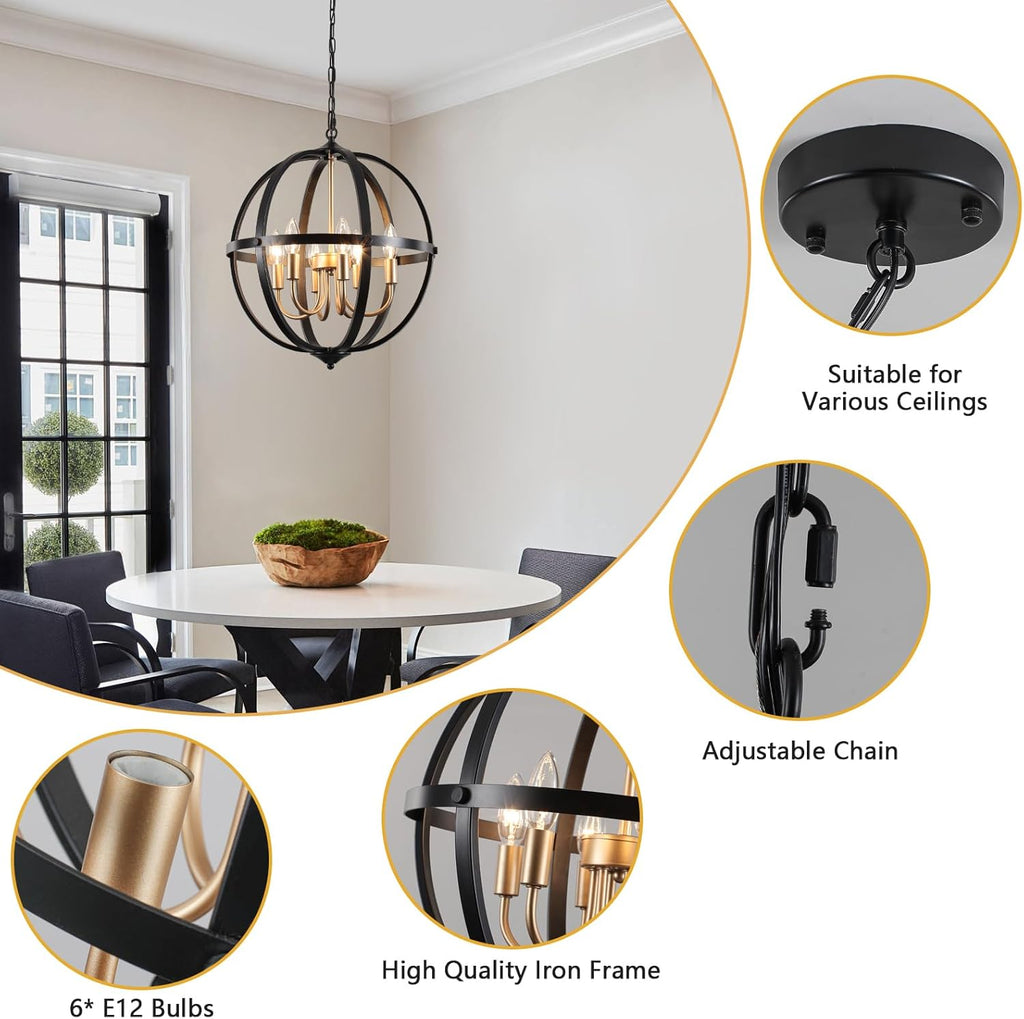 17.12'' Black and Gold Chandelier for Dining Room, 6-Light Modern Farmhouse Globe Chandelier, Metal Industrial Orb Pendant Light Adjustable Entryway Light Fixture for Kitchen Island Foyer