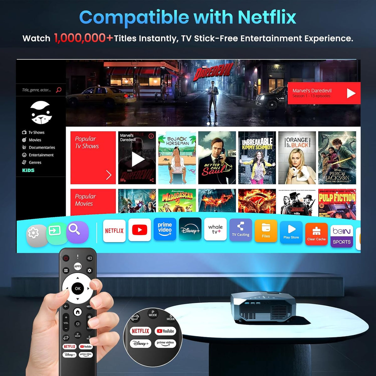 Compatible with Netflix/High Brightness Smart Projector with WiFi 6 and Bluetooth 5.3, 4K Outdoor Movie Projector with Prime Video/YouTube, Portable Proyector Compatible with HDMI/USB/iOS/Android