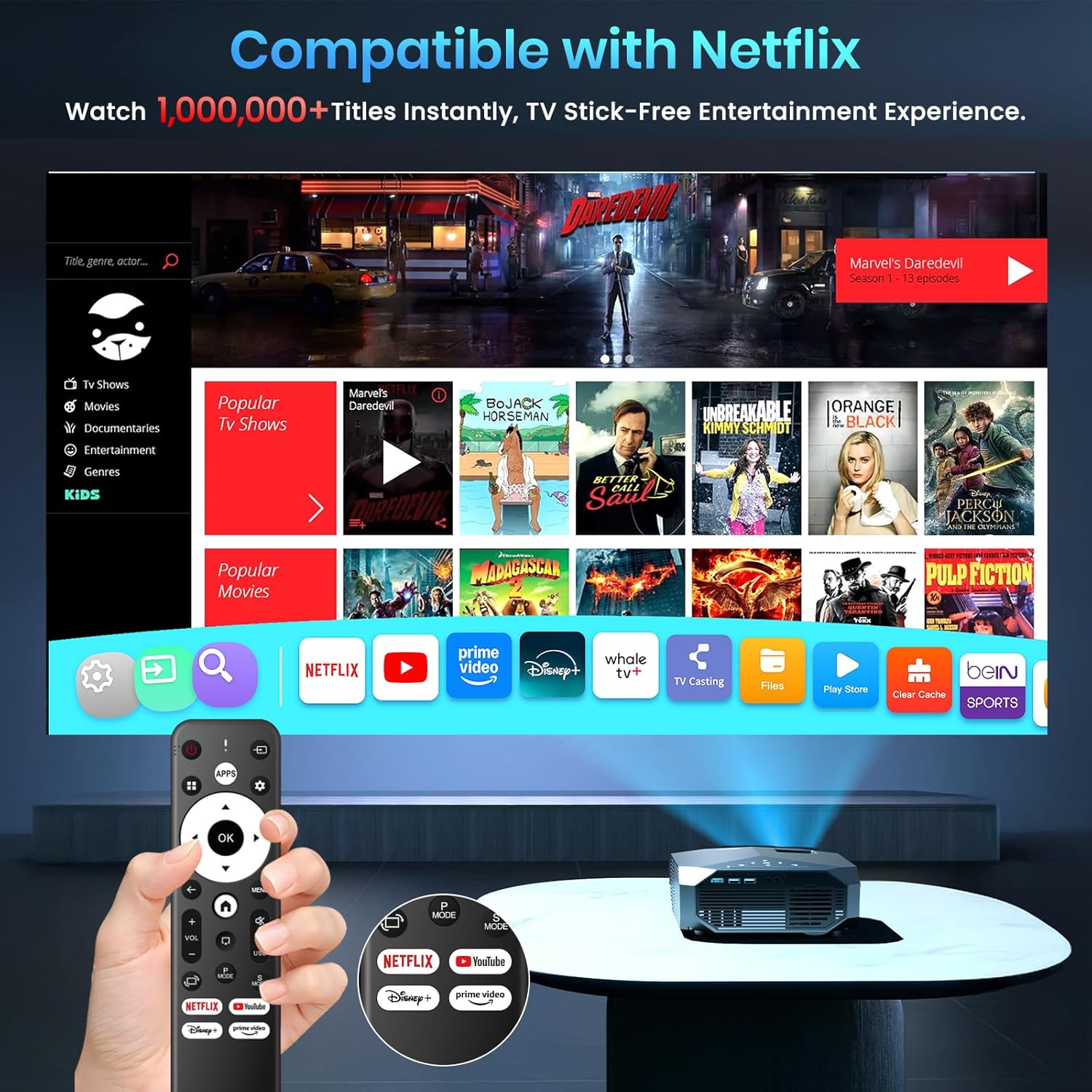 Compatible with Netflix/High Brightness Smart Projector with WiFi 6 and Bluetooth 5.3, 4K Outdoor Movie Projector with Prime Video/YouTube, Portable Proyector Compatible with HDMI/USB/iOS/Android