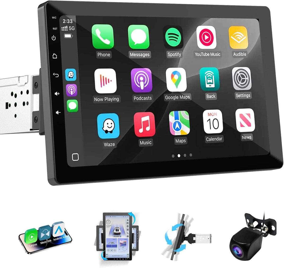 Haudio 10.1 inch Single Din Car Stereo, Rotatable Touch Screen Radio with Wireless Apple CarPlay & Android Auto, Backup Camera, Mirror Link, SWC, GPS, Voice Control, Bluetooth, WiFi