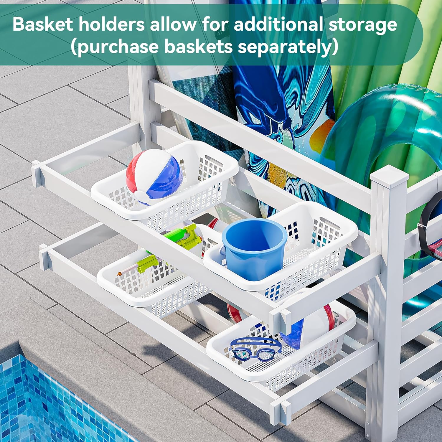 YITAHOME Pool Storage Bins with Towel Rack & 6 Moveable Hooks, Large Pool Noodle Holder Organizer, Outdoor Waterproof Poolside Float Storage for Goggles, Beach Balls, Floats Equipment