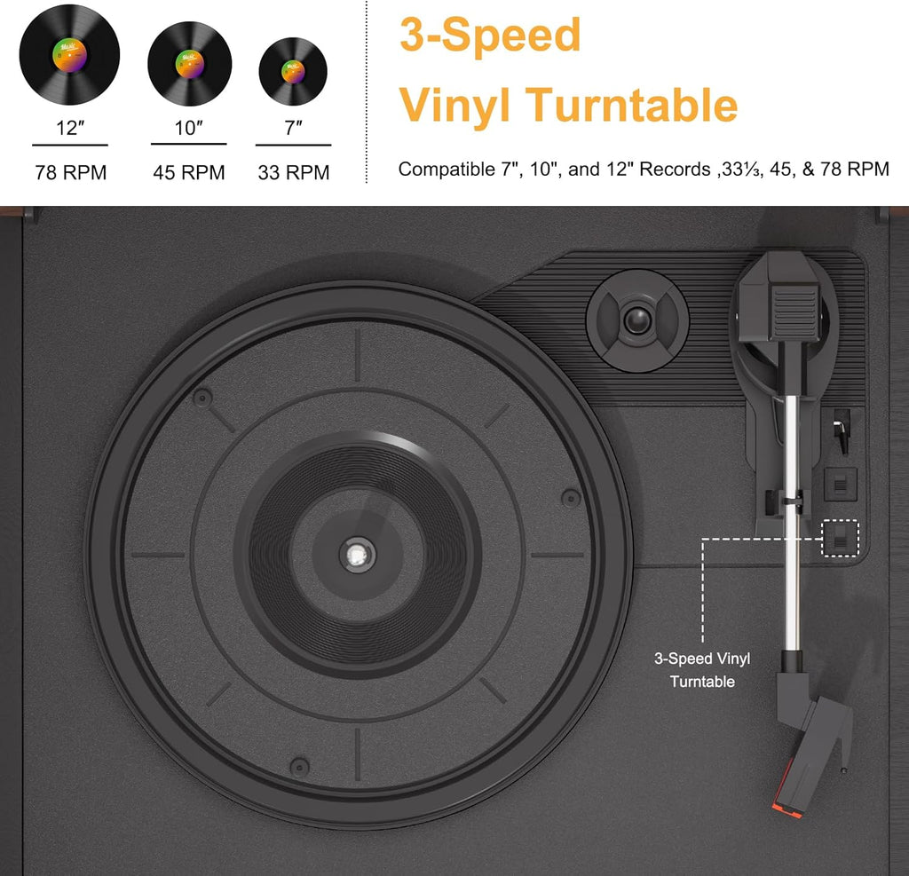 10 in 1 Record Player with Bluetooth Turntable CD Cassette USB SD MMC AM FM Radio Remote Control with Dual External Stereo Speakers