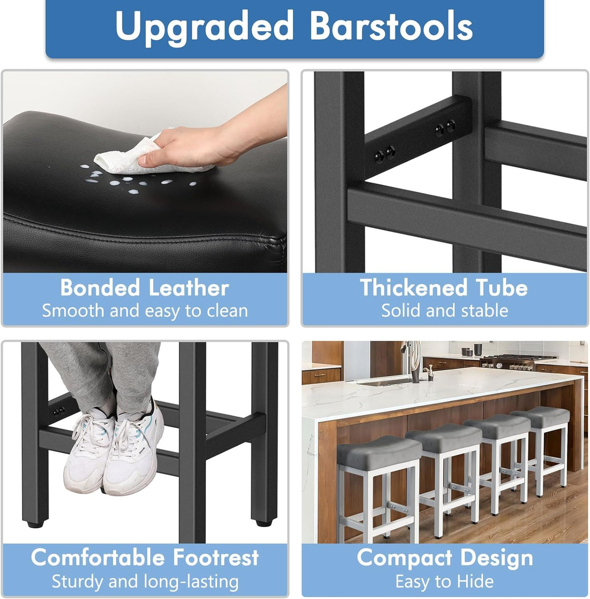 Raynesys Counter Height Bar Stools Set of 2, 24 Inch Barstools for Kitchen Island Counter, Bonded Leather Kitchen Stools with Thick Saddle Seats & Heavy Duty Metal Base, Easy Assembly, All Black