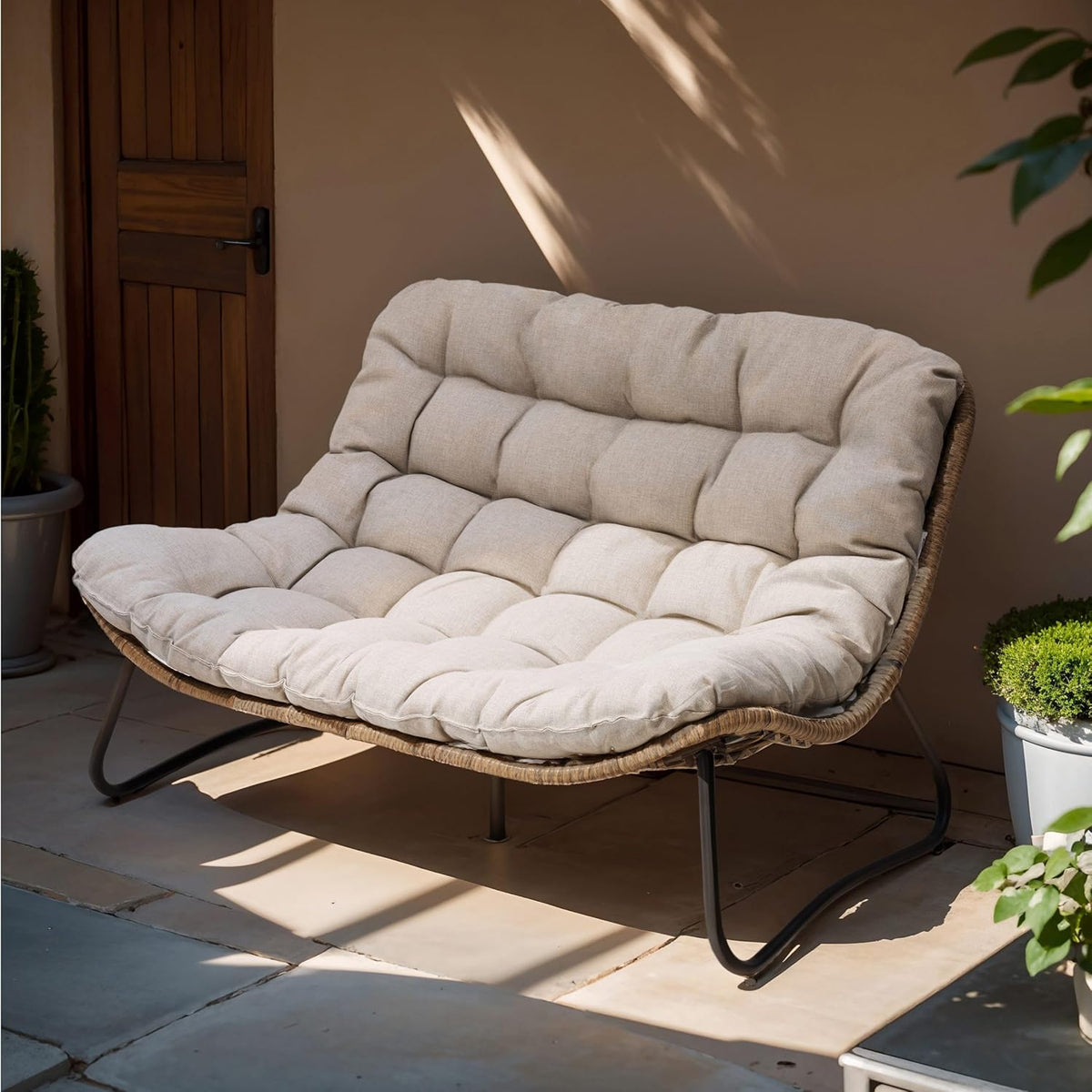 Crestlive Products Outdoor Loveseat, 2 Seater Outdoor Couch with Soft Cushion, All-Weather Boho Rattan Patio Furniture for Balcony, Poolside, Backyard, Porch (Beige)