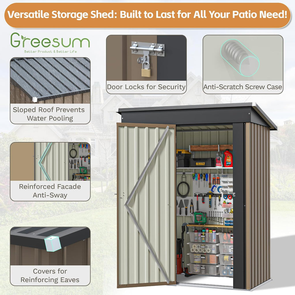 Greesum 5×3FT Outdoor Storage Shed, Metal Patio Storaged Sheds with Lockable Doors, Sheds & Outdoor Storage for Bike, Backyard, Pool and Garden, Brown