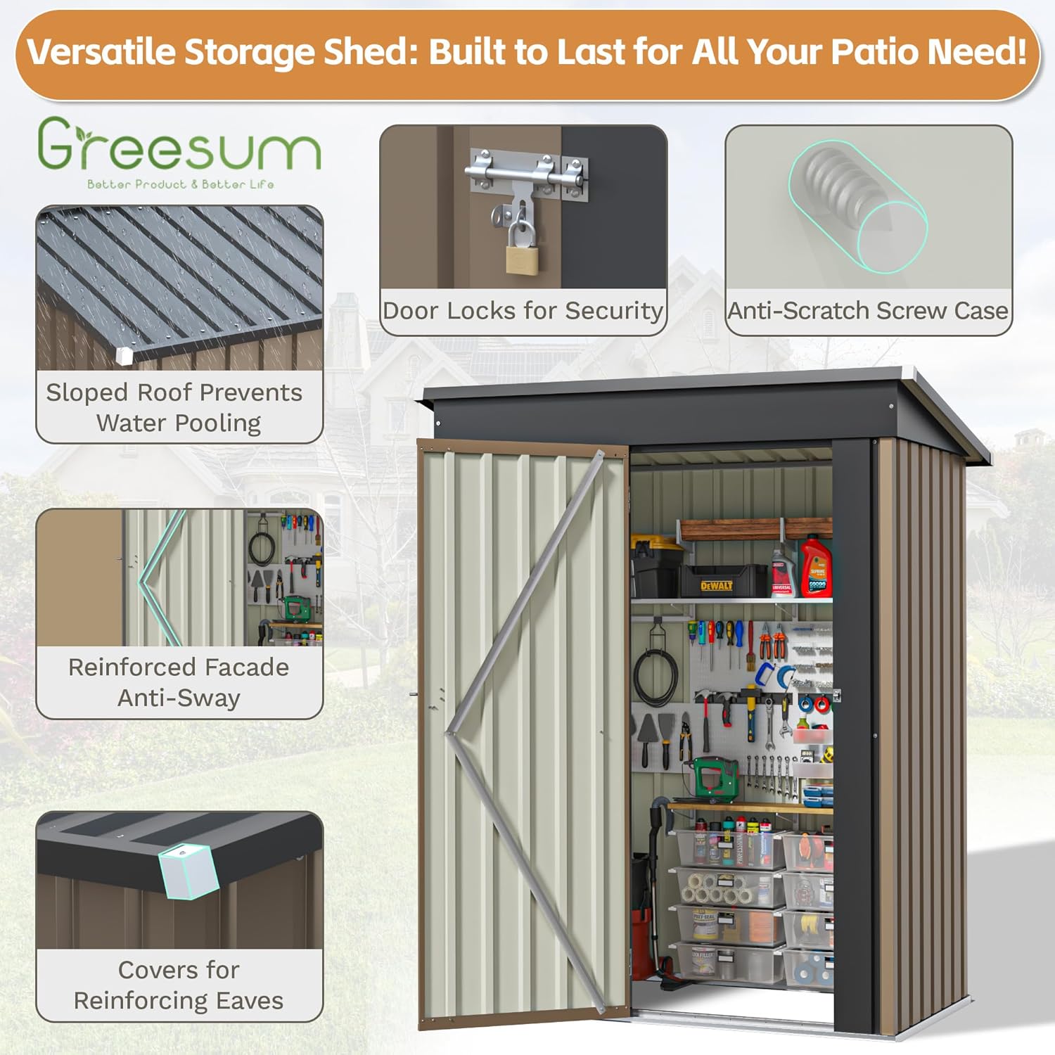 Greesum 5×3FT Outdoor Storage Shed, Metal Patio Storaged Sheds with Lockable Doors, Sheds & Outdoor Storage for Bike, Backyard, Pool and Garden, Brown
