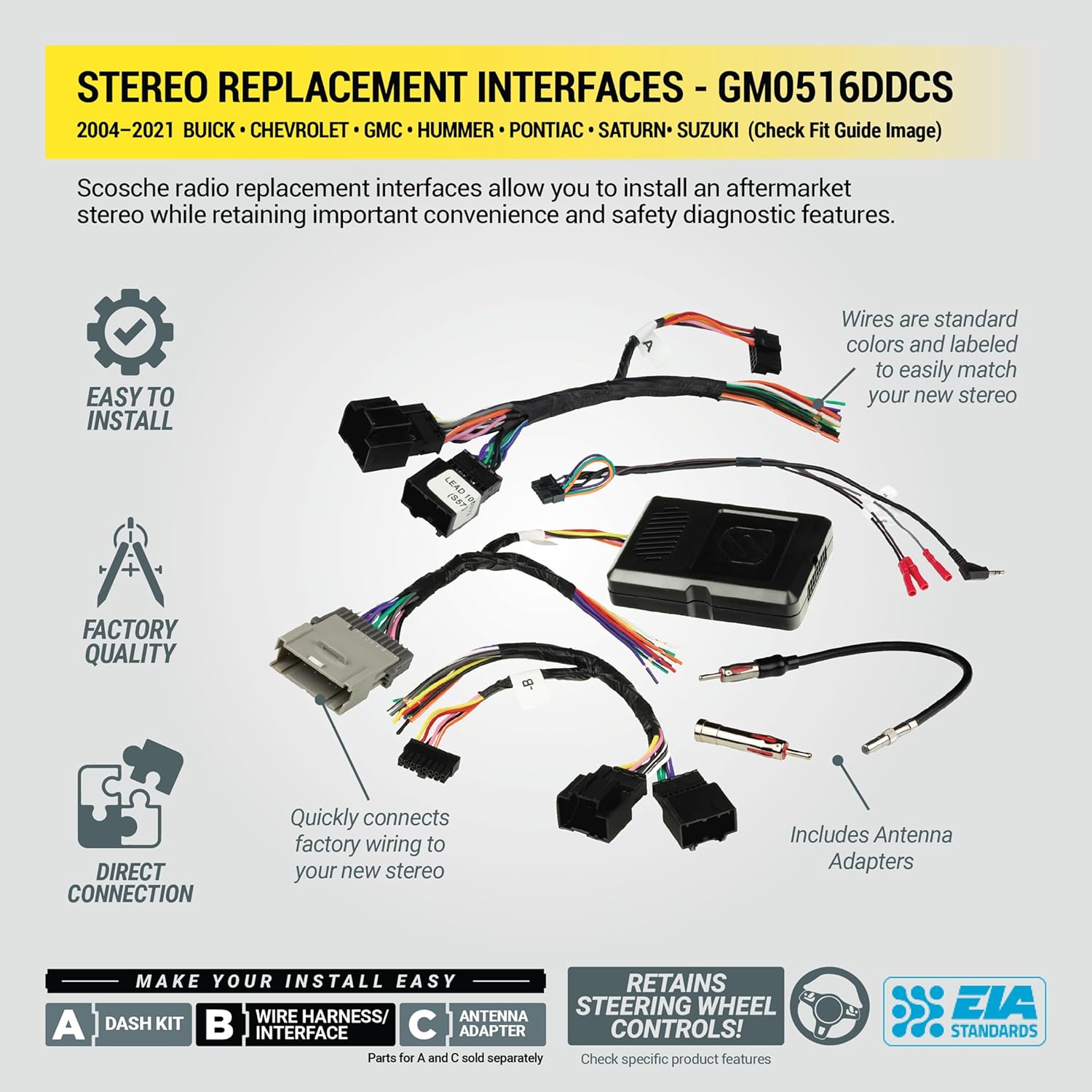Scosche GM0516DDCS Double DIN Radio Install Dash Kit Compatible with Select 2004-21 Buick, Chevrolet, GMC, Hummer, Pontiac, Saturn and Suzuki Vehicles - Complete Car Stereo Installation Interface Kit