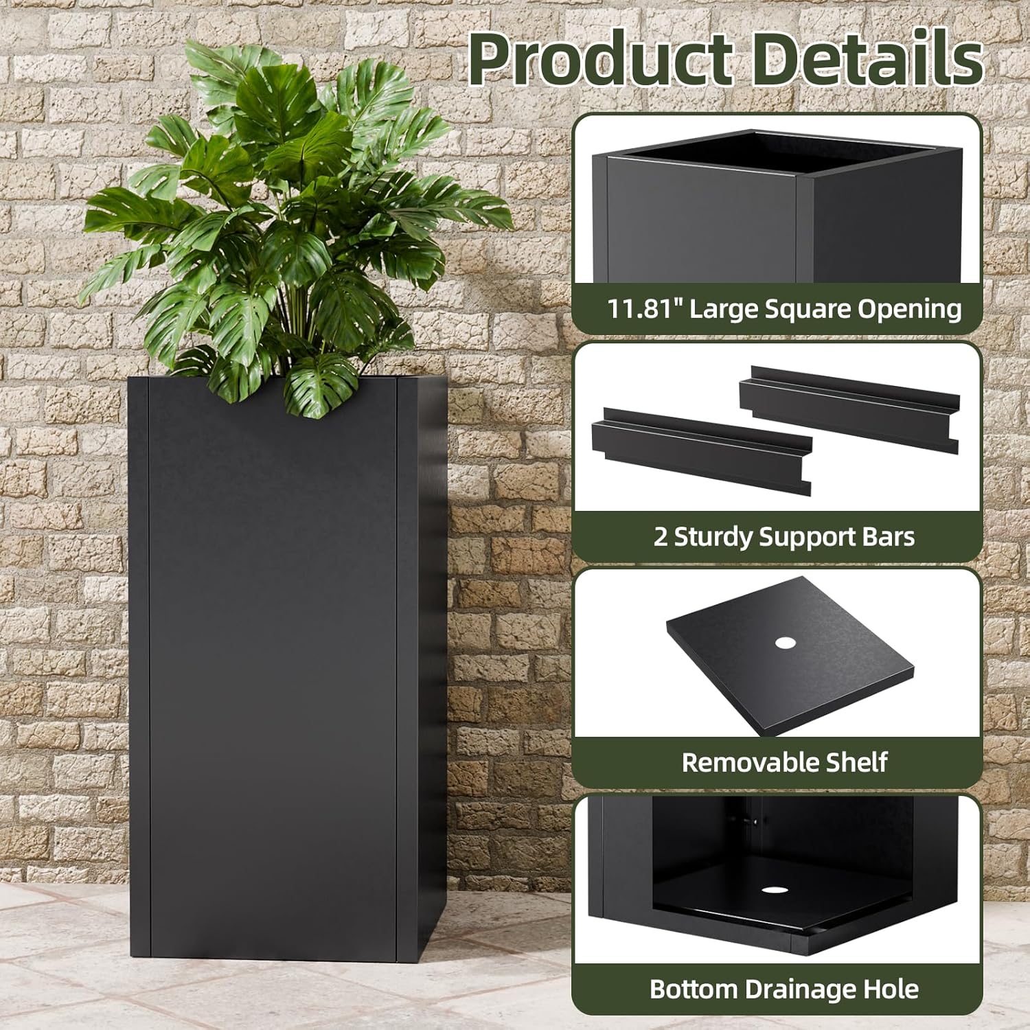 Tall Metal Planters Box for Outdoor Plants 2 Pack- 23.6" Modern Steel Tall Square Planter with Removable Insert Shelf, Heavy Duty Pedestal Planter Front Porch Decor Patio Garden, Black