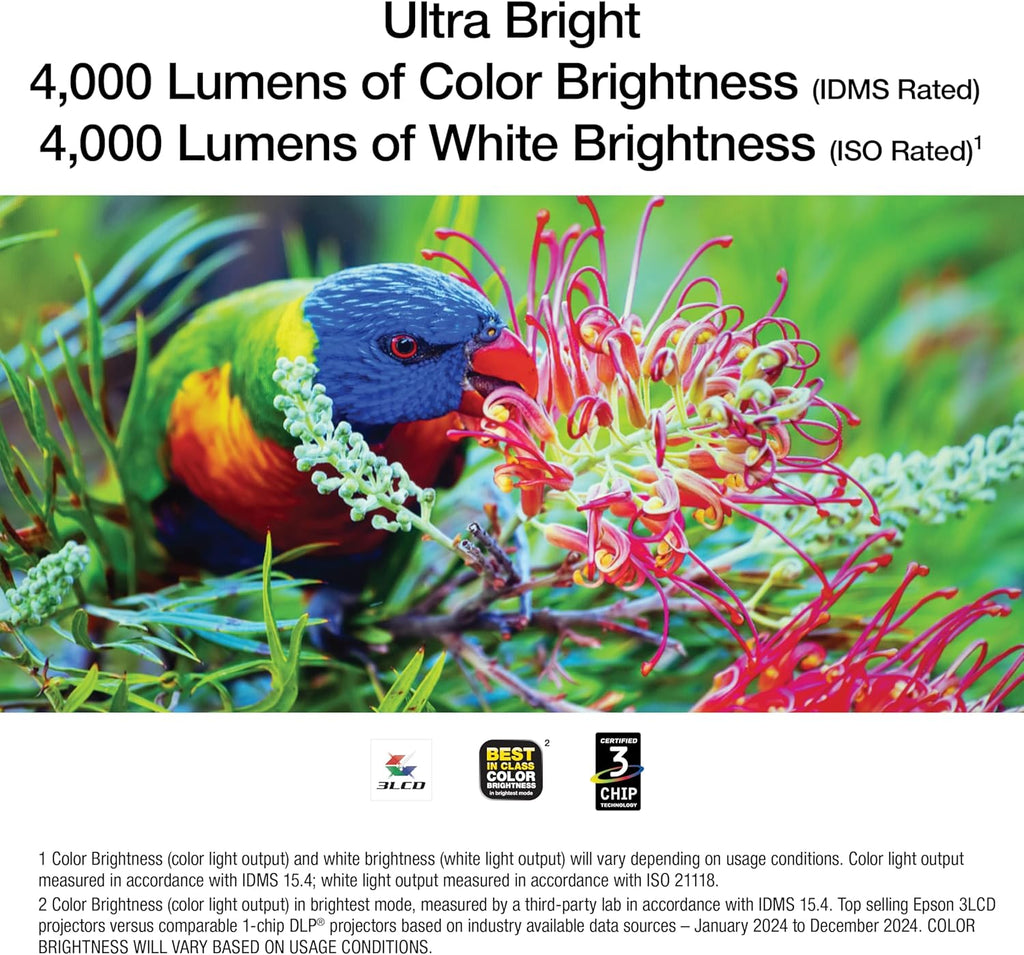 Epson EX3290 3-Chip 3LCD WXGA Projector 4000 lumens for both color and white brightness, 2x HDMI, Built-in Speaker