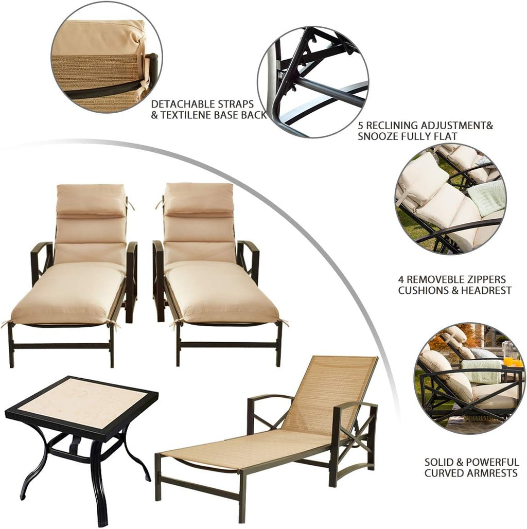 Festival Depot 3 Pieces Patio Outdoor Chaise Lounge Chairs with Cushions Set with Coffee Table Premium Fabric Metal Frame Furniture Garden Bistro Soft Headrests (Khaki)
