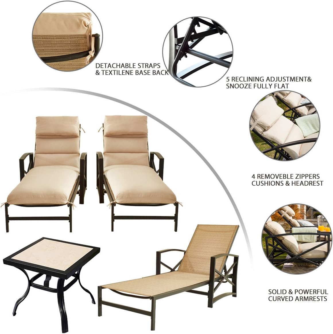 Festival Depot 3 Pieces Patio Outdoor Chaise Lounge Chairs with Cushions Set with Coffee Table Premium Fabric Metal Frame Furniture Garden Bistro Soft Headrests (Khaki)