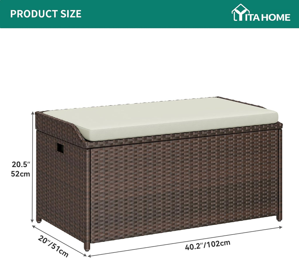 YITAHOME Outdoor Storage Bench, 70 Gallon PE Rattan Patio Storage Bench w/Handles and Soft Cushion,Outdoor Storage Box for Patio, Yard, Lawn, Garden
