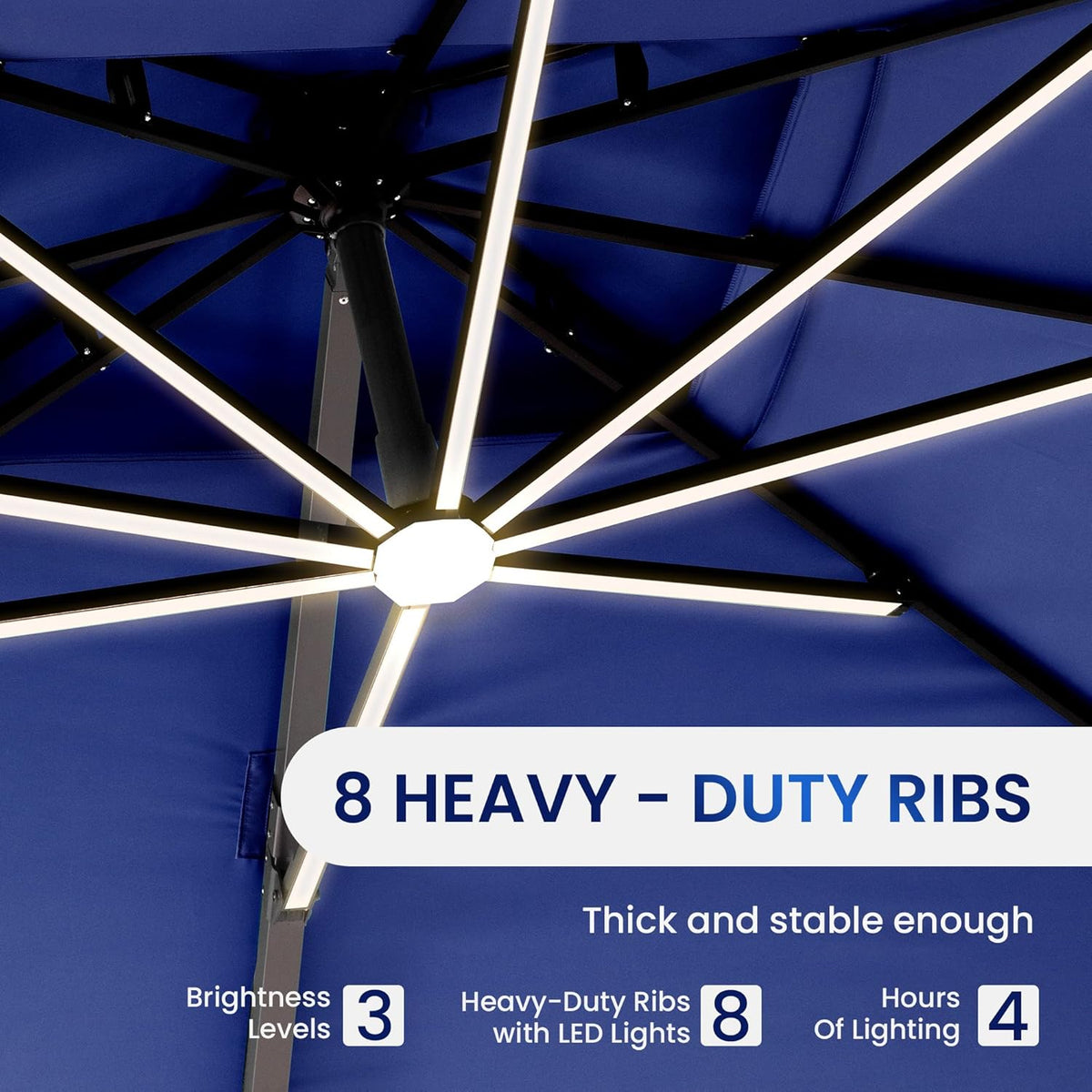 10 X 13 FT Cantilever Patio Umbrella with LED Lights Outdoor Heavy Duty Double Top Windproof Rectangle Offset Umbrellas with 360-degree Rotation for Pool Deck Backyard, Navy