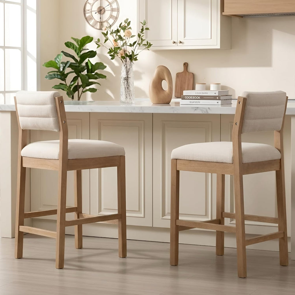 CIMOTA 26" H Counter Height Bar Stools Set of 2, Wooden Bar Stools with Backrest, Linen Upholstered Kitchen Island Stools, 330LBS Load Bar Chairs for Kitchen, Cafe, Restaurant