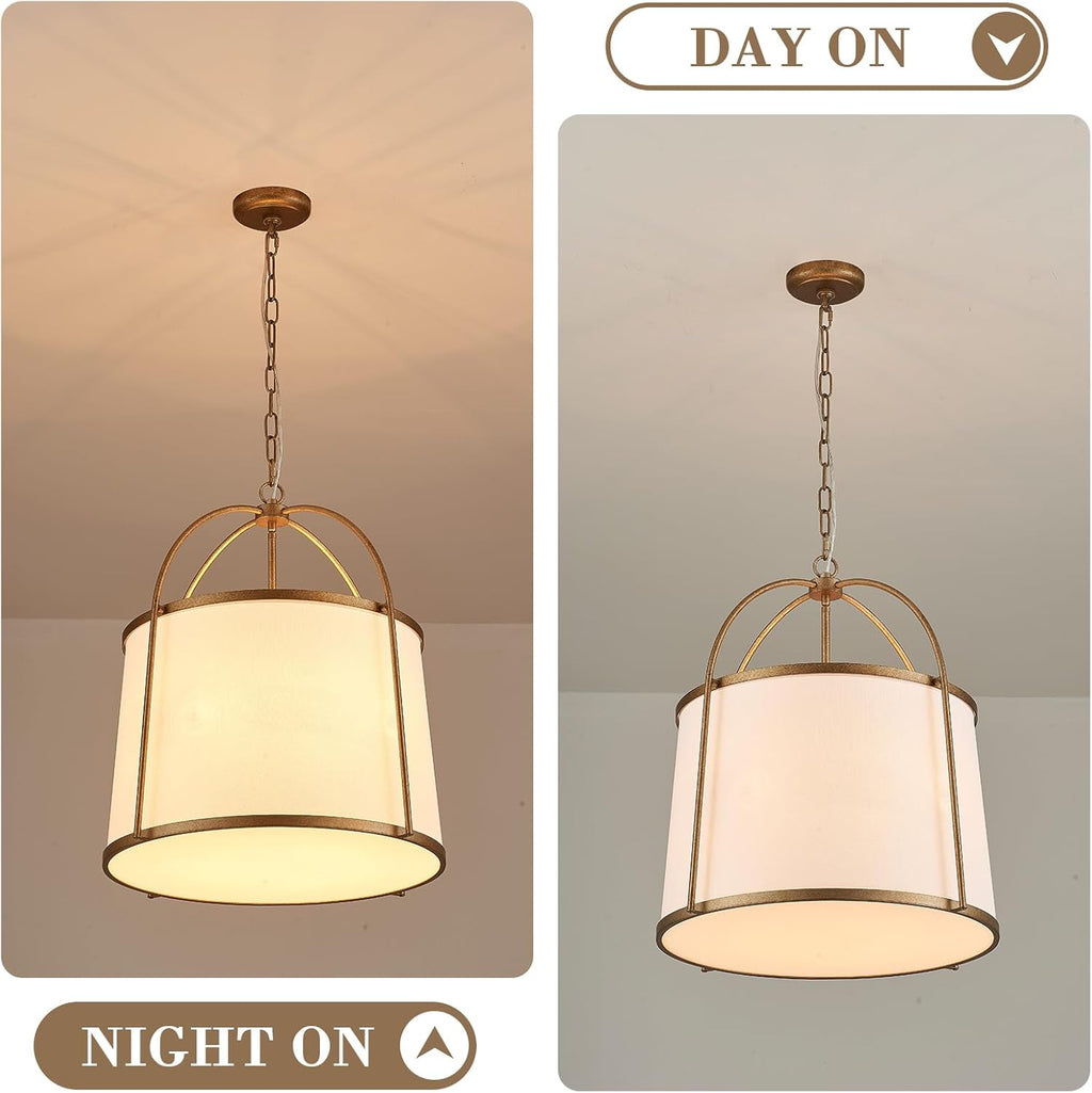 Rustic Modern Chandelier for Entryway, Dining Room Chandelier with Off-White Fabric Shade, Gold Pendant Light Fixture for Bedroom Kitchen Farmhouse