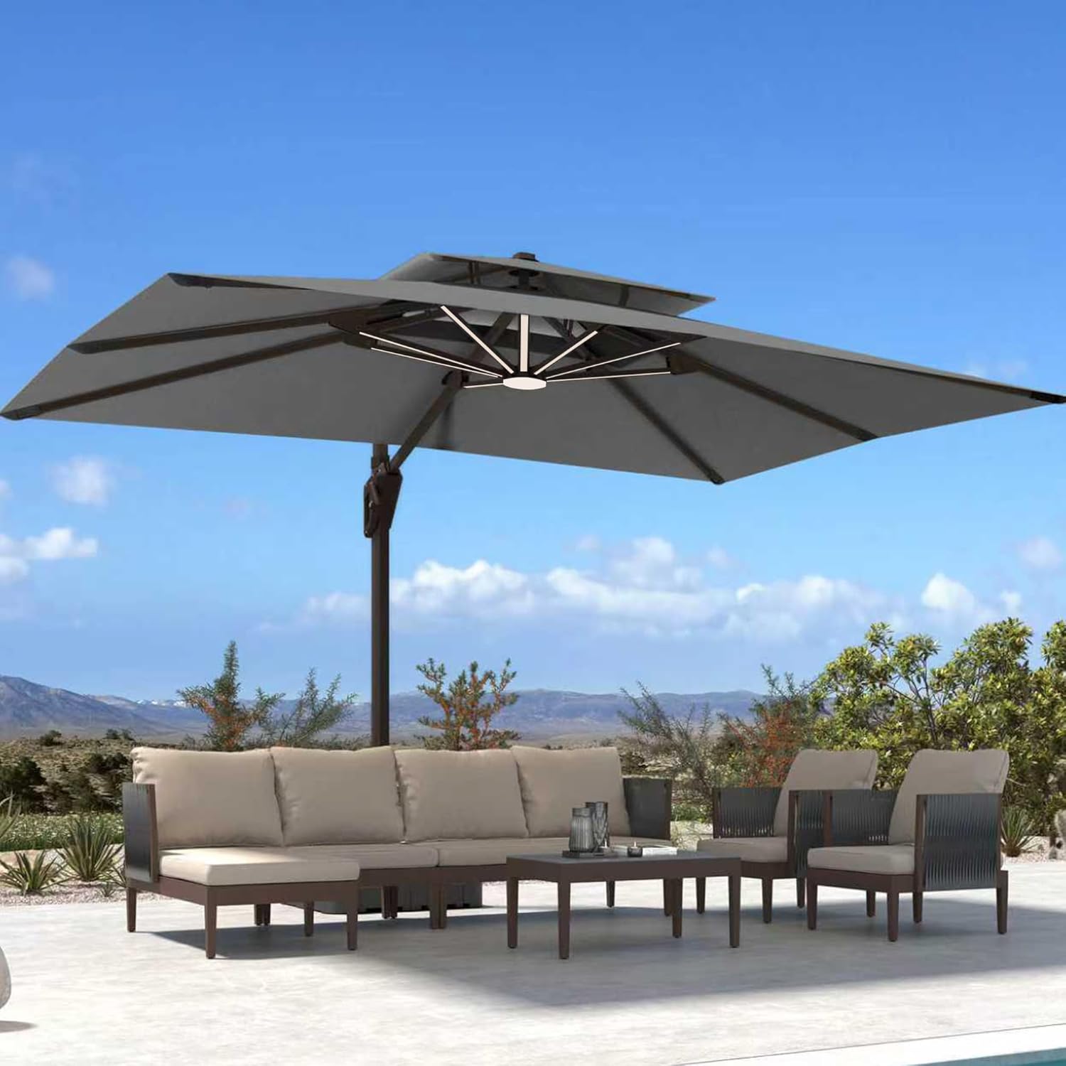 Deconk 10' X 13' Patio Umbrella with LED Lights Outdoor Cantilever Large Rectangle Offset Umbrellas Heavy Duty Aluminum Double Top with 360-degree Rotation for Pool Garden Deck, Grey
