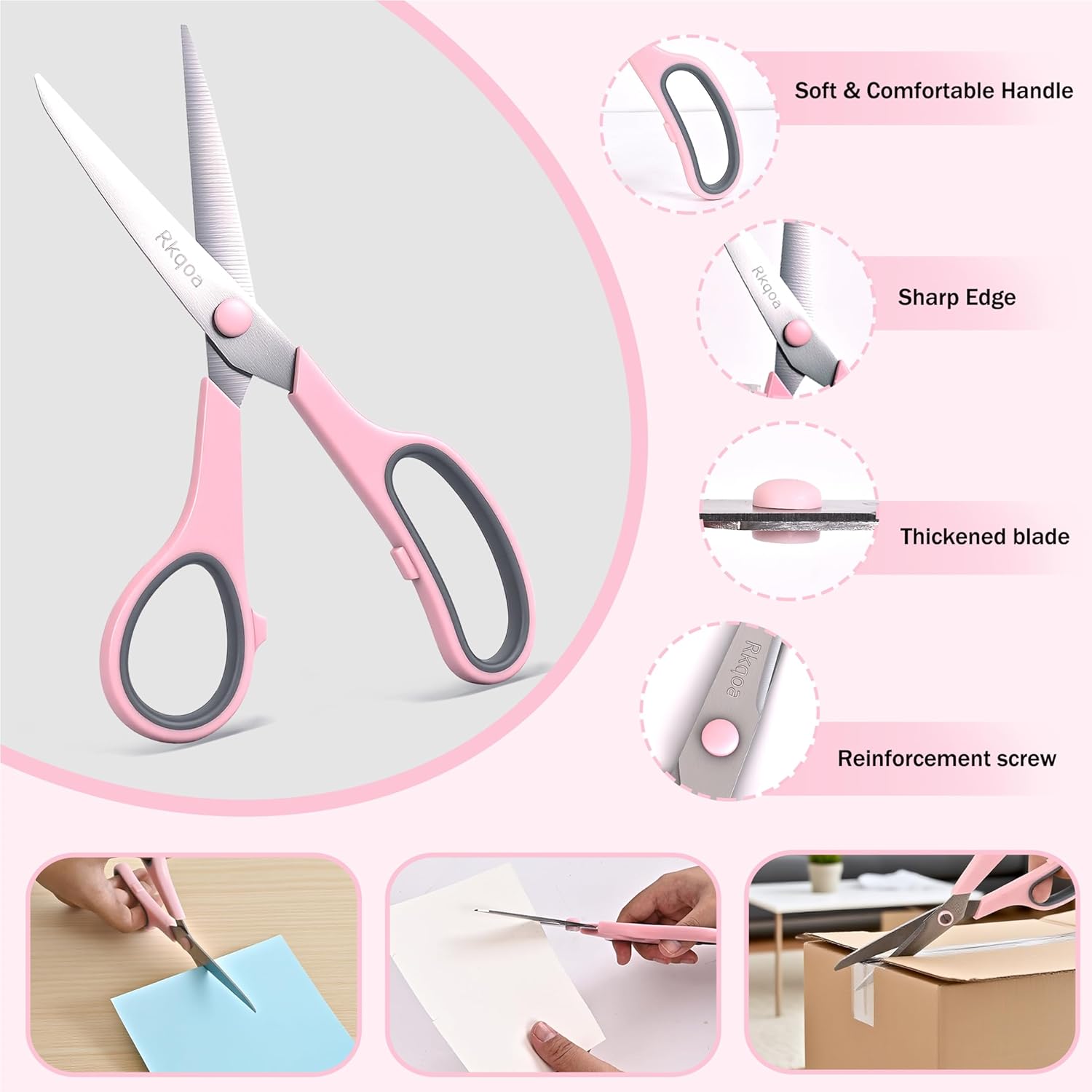 Scissors, Rkqoa 6 Pack 8" All Purpose Scissors for Everyday use, Stainless Steel Scissor Set with Comfort-Grip Handles for Office Home School Sewing Fabric Craft Supplies, Right/Left Handed
