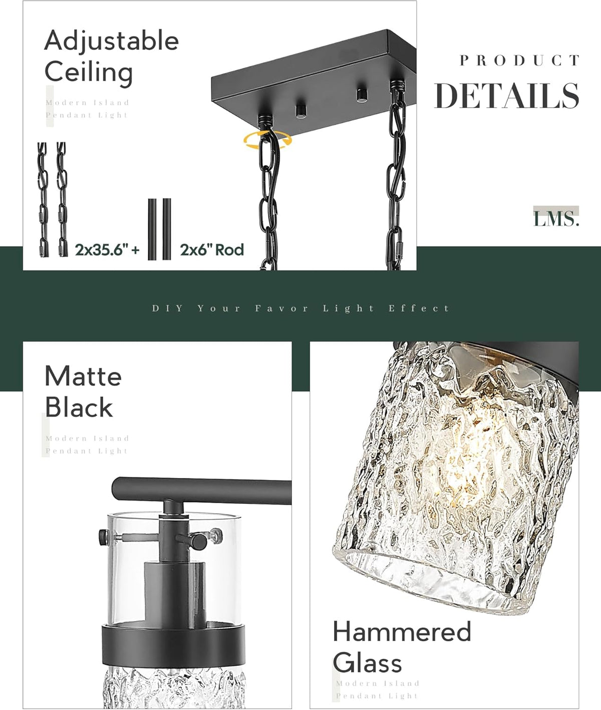 LMS 4-Light Island Lights, Farmhouse Light Fixtures with Hammered Glass Shade, Matte Black Linear Chandelier Pendant Lighting Over Table for Adjustable Height, Kitchen Island, LMS-171BK-4