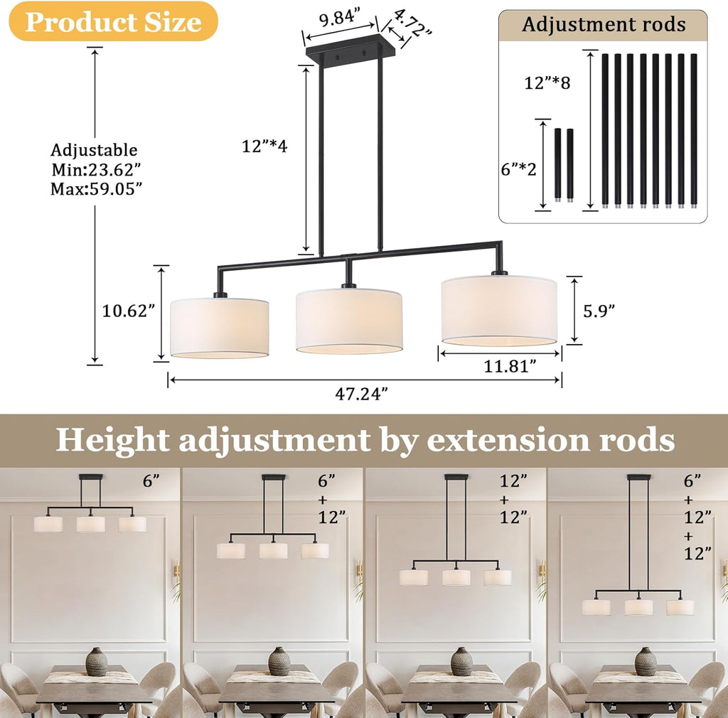 47" W Modern Linear Kitchen Island Pendant Light Fixture 3-Light White Linen Drum Shade Chandelier Black Metal Linear Chandeliers for Dining Room Farmhouse Hanging Light for Living Room, Bar, E26