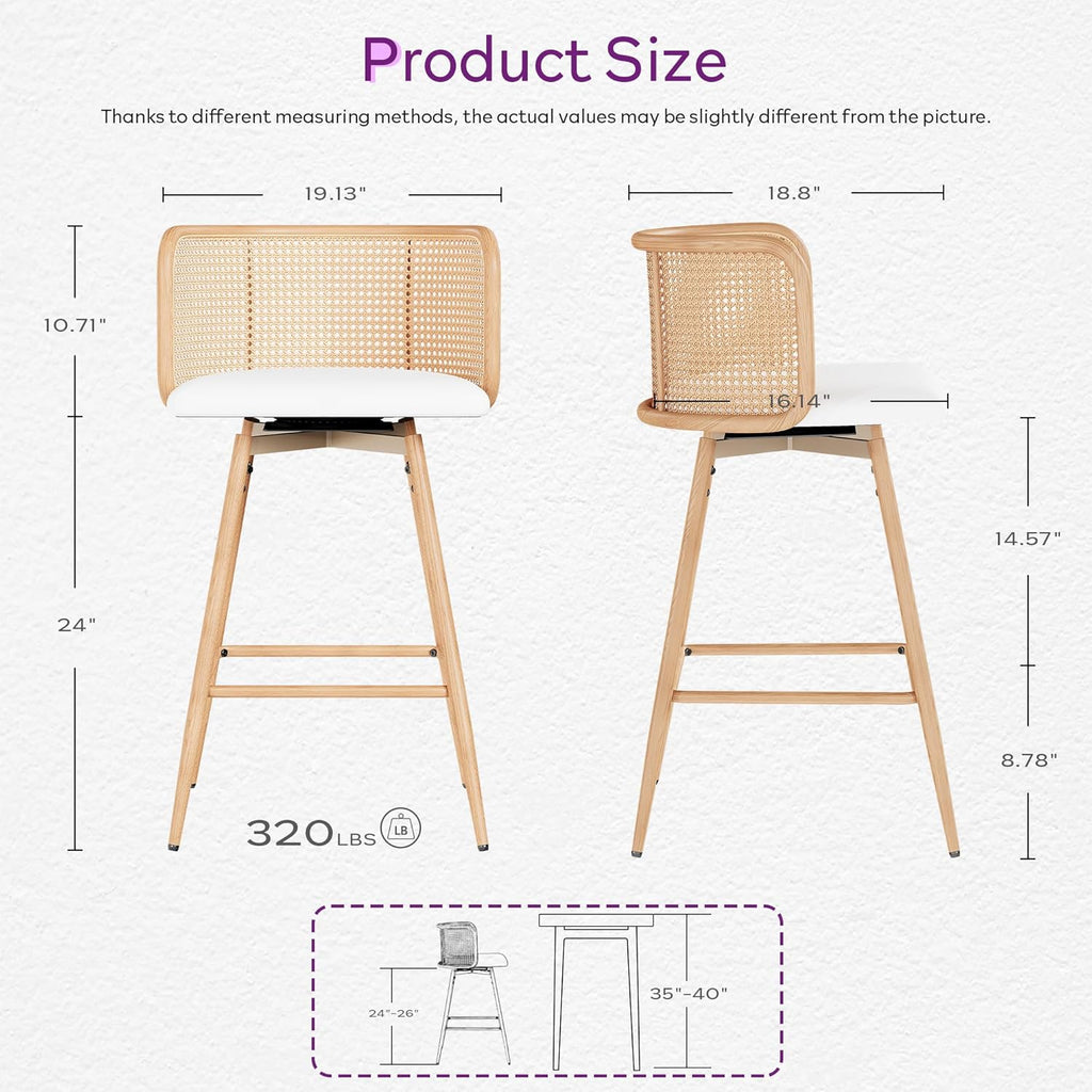 TYBOATLE Swivel Rattan Bar Stools Set of 4, 26” Counter Height Stools with Natural Rattan Woven Back and Faux Leather Seat, Mid-Century Modern Island Chairs Barstools for Kitchen, White
