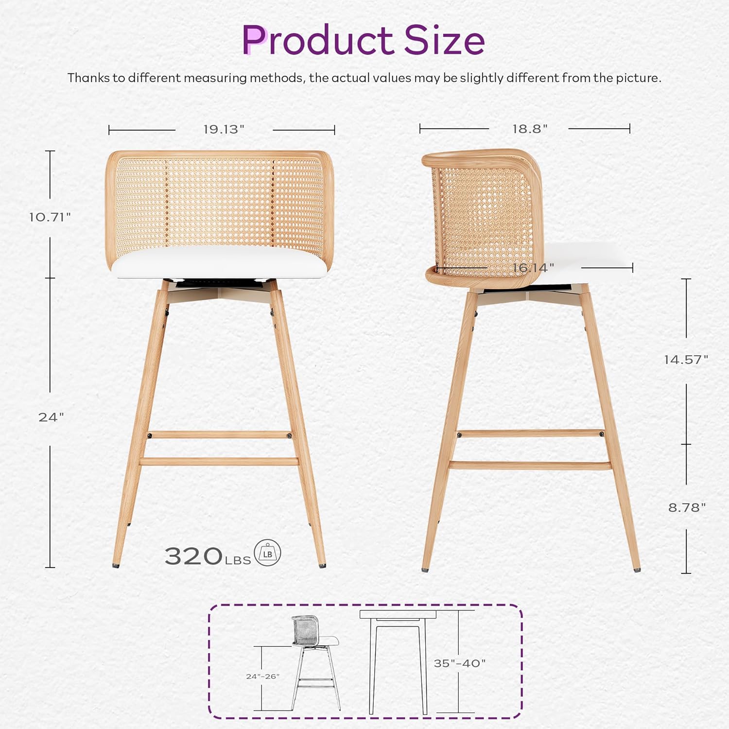 TYBOATLE Swivel Rattan Bar Stools Set of 4, 26” Counter Height Stools with Natural Rattan Woven Back and Faux Leather Seat, Mid-Century Modern Island Chairs Barstools for Kitchen, White