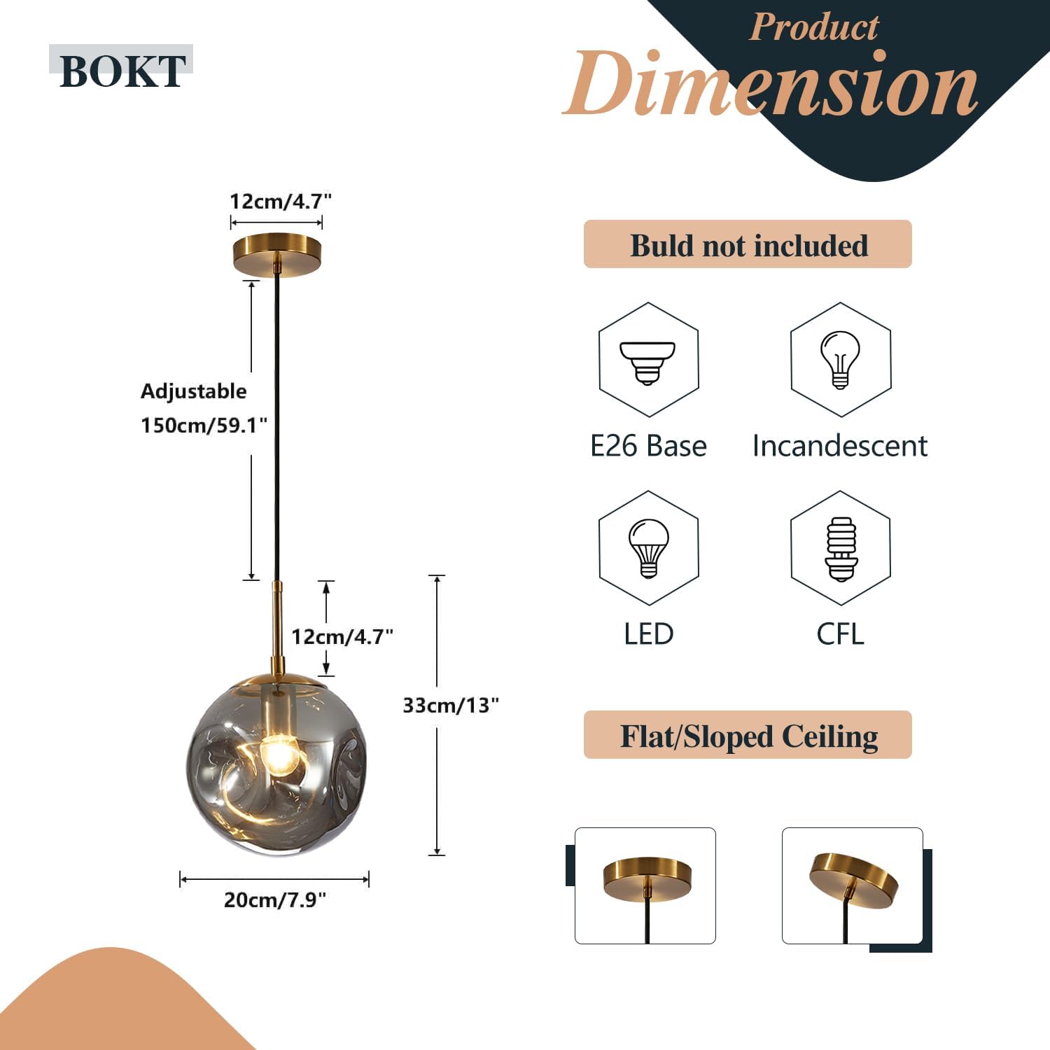 BOKT Globe Pendant Light Set of 3 Light Brushed Brass Round Ceiling Pendant Light with Smokey Gray Irregular Hanging Light 3 Pack Retro Chandelier Light Fixtures for Kitchen Island Dining Room