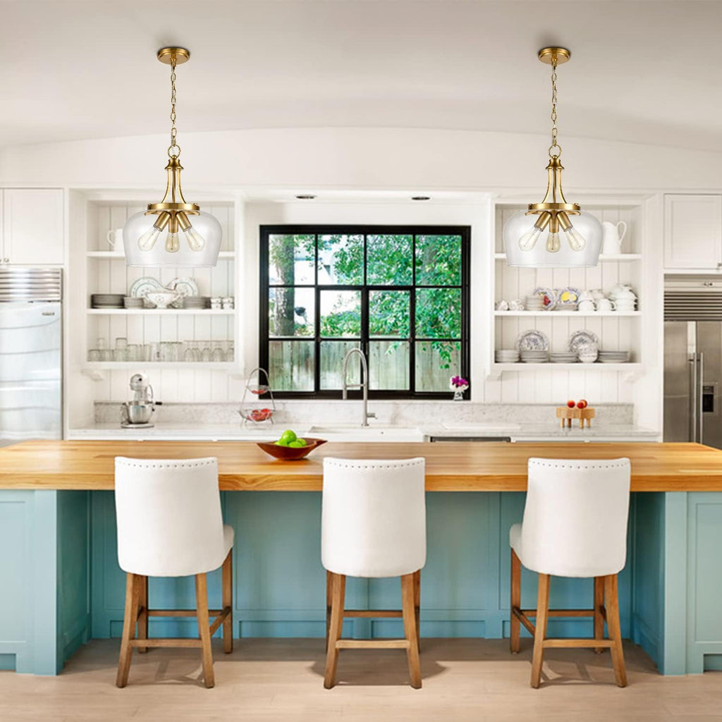 Modern 3-Light Gold Pendant Light with Clear Glass Shade, Mid Century 15-Inch Pendant Lighting Adjustable Height Hardwired Brass Glass Chandelier for Kitchen Island Dining Room