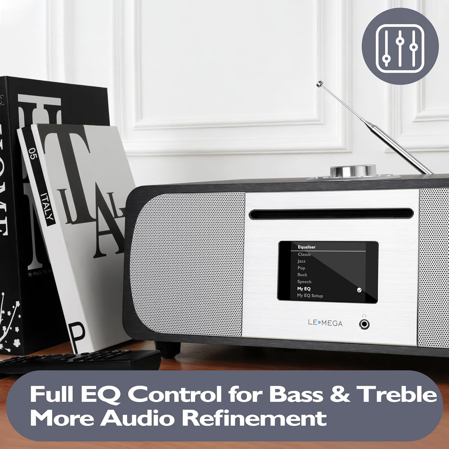LEMEGA M6P CD Player with FM Radio, Bluetooth Streaming, 150W Stereo HiFi System with Internal Subwoofer, 2.8" Colour Display, Presets, Remote, Acoustic Wooden Cabinet (Black Oak)