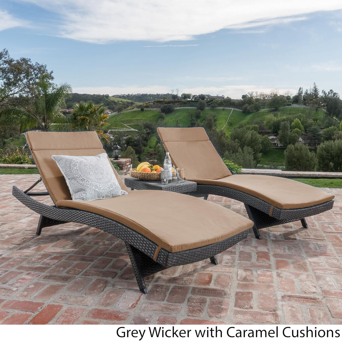 GDF Studio Savana 3 Piece Outdoor Wicker Lounge with Water Resistant Cushions & Coffee Table (Grey/Caramel)