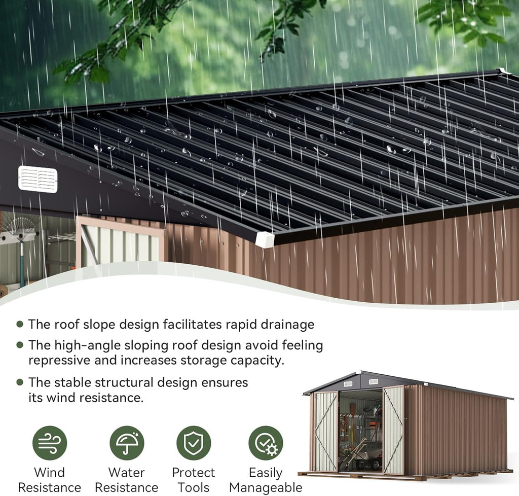 Aoxun 10 x 12FT Outdoor Storage Shed with Double Hinged Large Door Utility Garden Shed with Lockable Door & Sloped Roof Metal Sheds Outdoor Storage for Garden, Backyard, Patio and Backyard, Brown