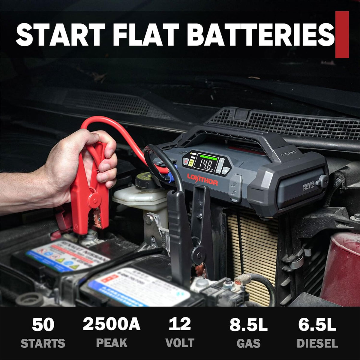 LOKITHOR JA302 Jump Starter with Air Compressor, 2500Amp 12V Portable Car Battery Booster Pack for Upto 8.5L Gas or 6.5L Diesel, 150 PSI Tire Inflator with Digital Screen, 36 Months Ultra-Long Standby