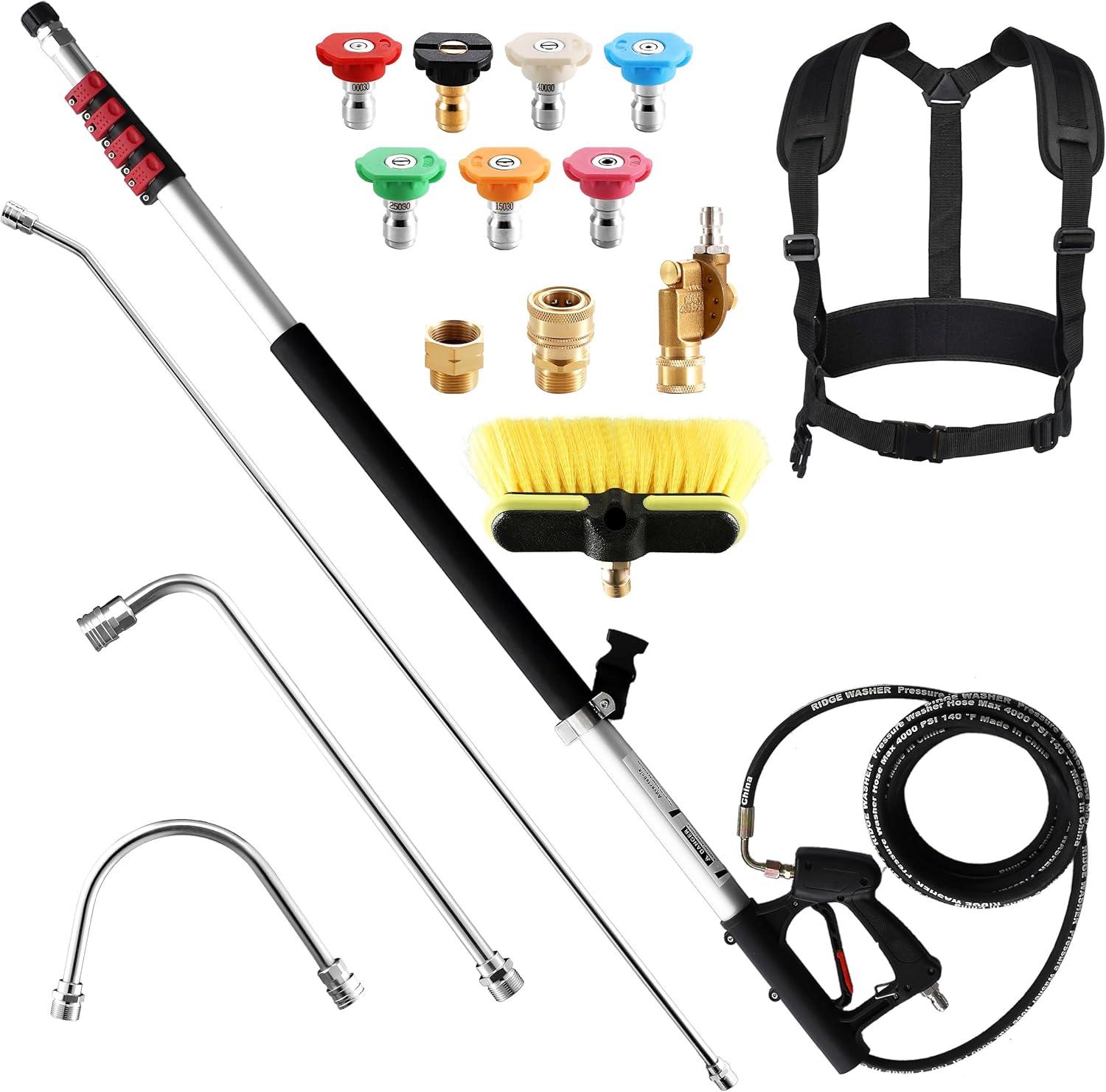 RIDGE WASHER 24 FT Telescoping Pressure Washer Wand, Power Washer Extension Wand with Brush, Telescopic Gutter Cleaner with 3 Stainless Steel Curve Wands, Adjustable Support Belt, 7 Nozzles, 4000 PSI