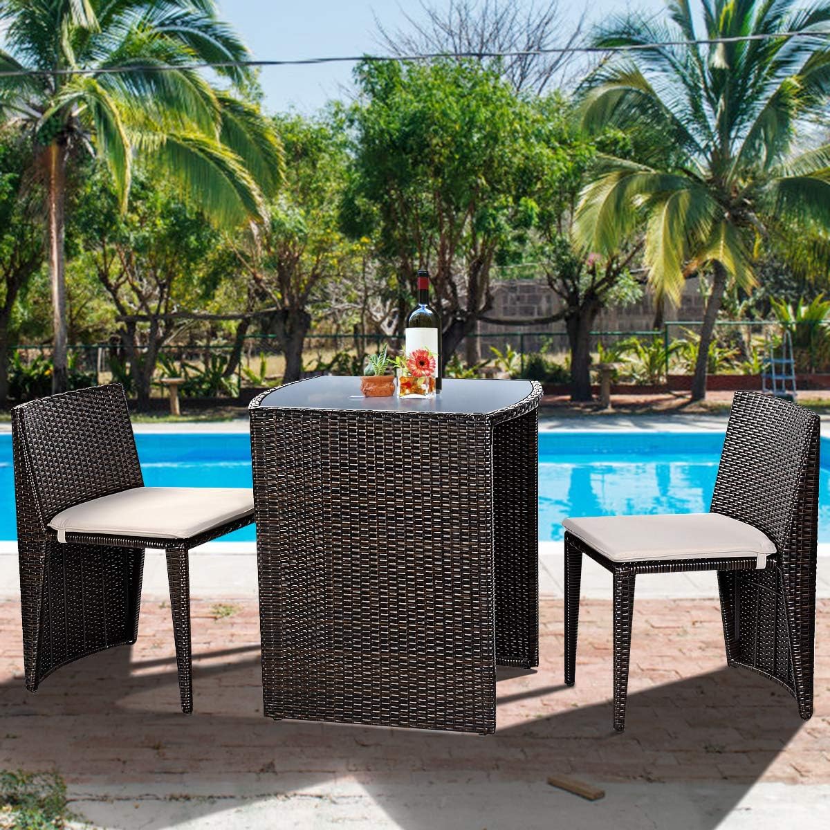 COSTWAY 3 PCS Cushioned Outdoor Wicker Patio Set Garden Sofa Seat No Assembly