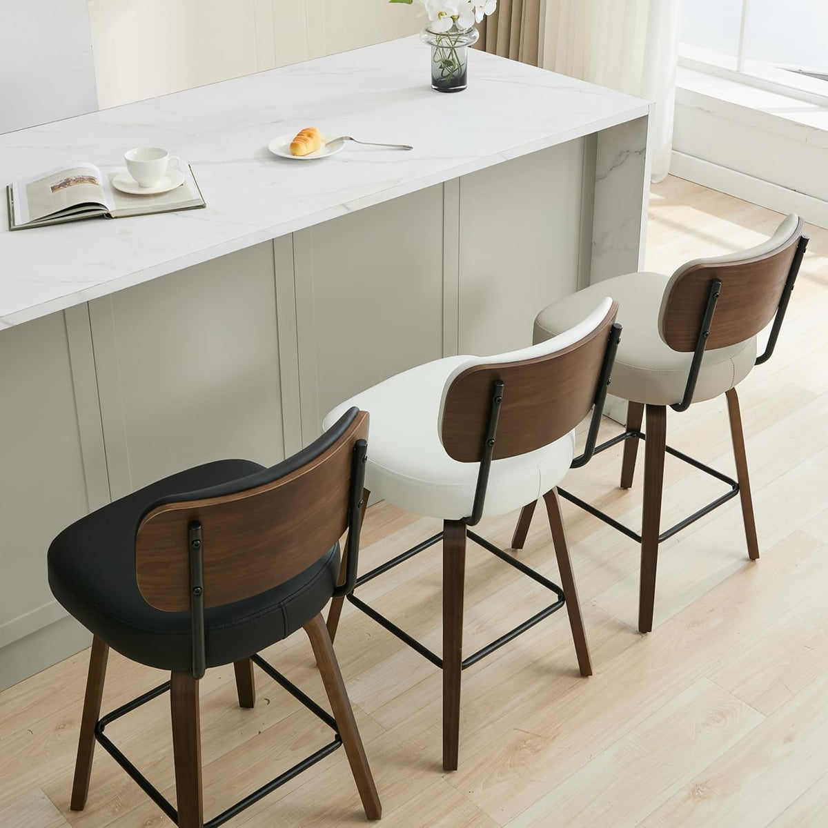 Swivel Bar Stools Set of 3, 26" Upholstered Counter Height Bar Stools with Back and Walnut Wood Legs, Faux Leather Barstools for Kitchen Counter, Black