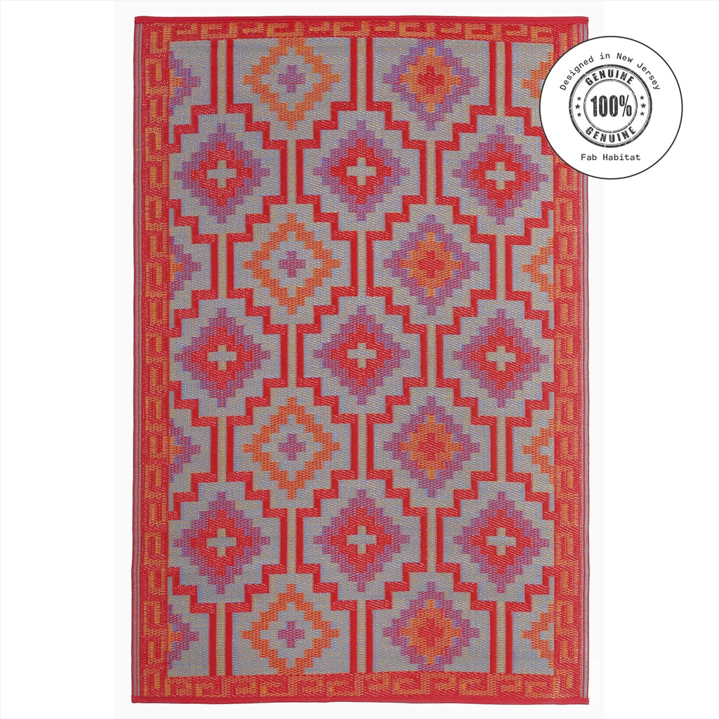 Fab Habitat Outdoor Rug - Waterproof, Fade Resistant, Crease-Free - Premium Recycled Plastic - Vintage Boho Kilim - Large Patio, Deck, Sunroom, Camping, RV - Lhasa - Orange & Violet - 6 x 9 ft