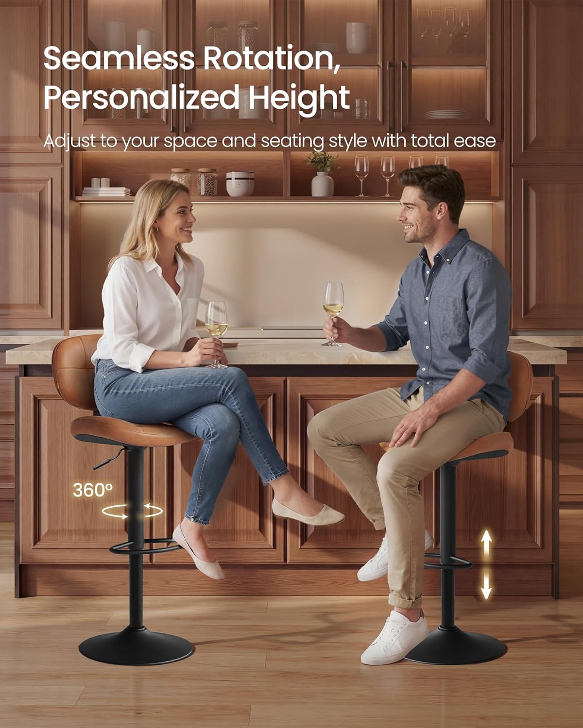 VASAGLE Bar Stools Set of 2, Height Adjustable Kitchen Barstools, Swivel Bar Chairs with Back and Footrest, Quilt PU Leather Surface, Dining Room, Counter, Steel, Caramel Brown ULJB150K101S