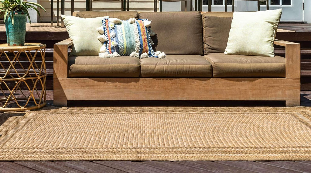 Unique Loom Outdoor Border Collection Area Rug - Multi Border (7' 1" x 10' Rectangle Tan/Light Brown)