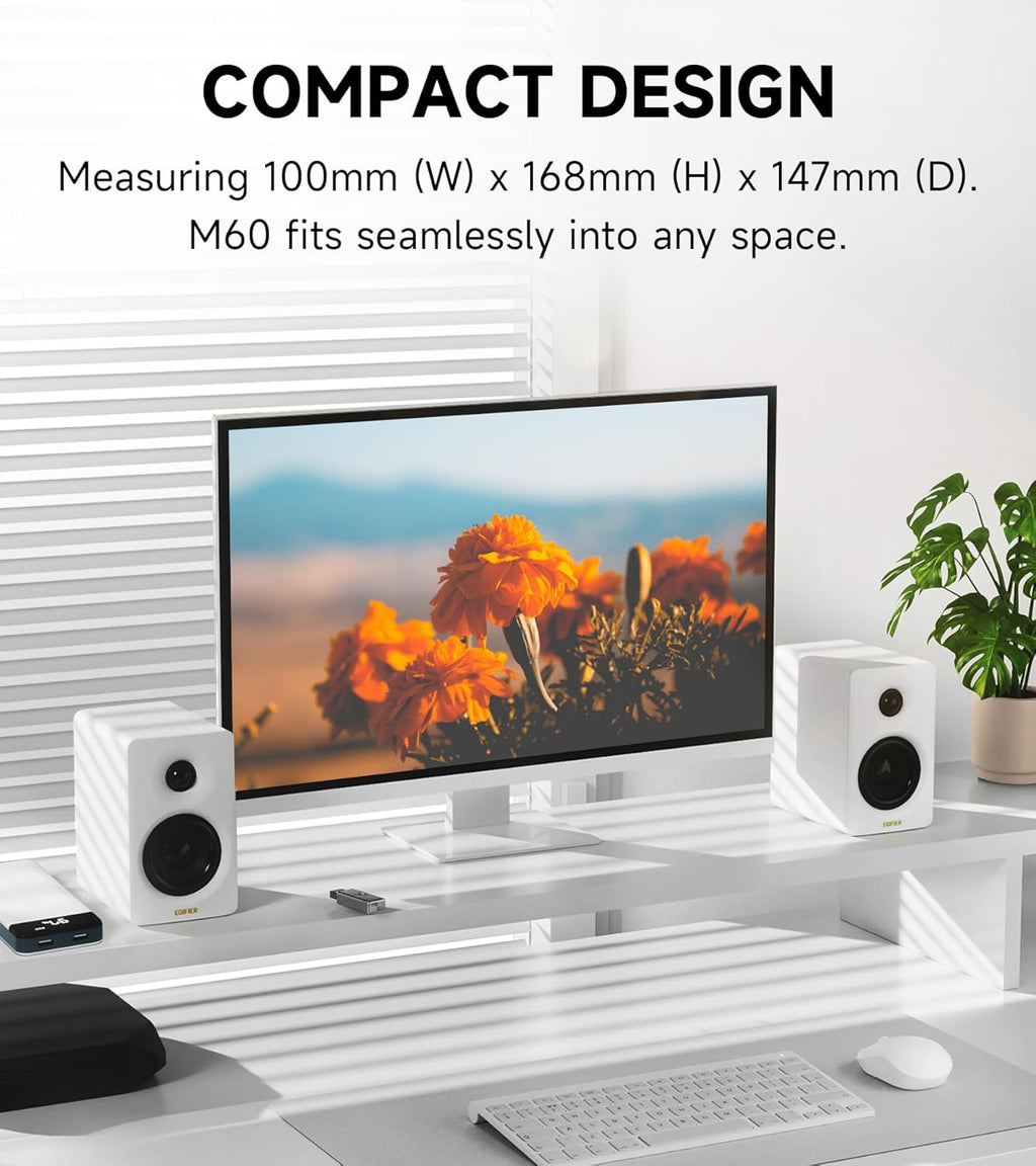 Edifier M60 Multimedia Speaker Bluetooth 5.3, 66W RMS, Hi-Res Audio & Hi-Res Wireless Audio, LDAC,3" Mid Bass & 1" Tweeter, USB-C & Aux Inputs, Compact Desktop Speaker - White