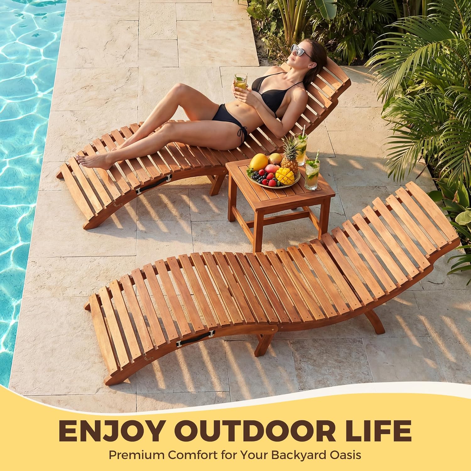 Flamaker Lounge Chairs for Outside Folding Acacia Wood Chaise Lounge with Side Handle Sun Lounger for Poolside, Lawn, Backyard (2 Piece)