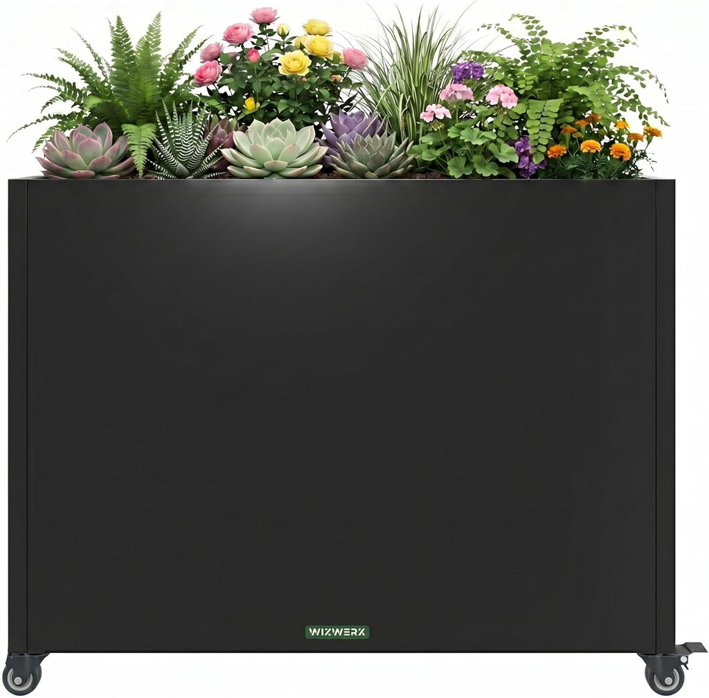 Metal Planter Box with Wheels, 36" Large Rolling Outdoor Planter with Drainage & Removable Shelf, Rectangular Planter Raised Garden Bed for Patio, Balcony, Porch & Backyard, Black