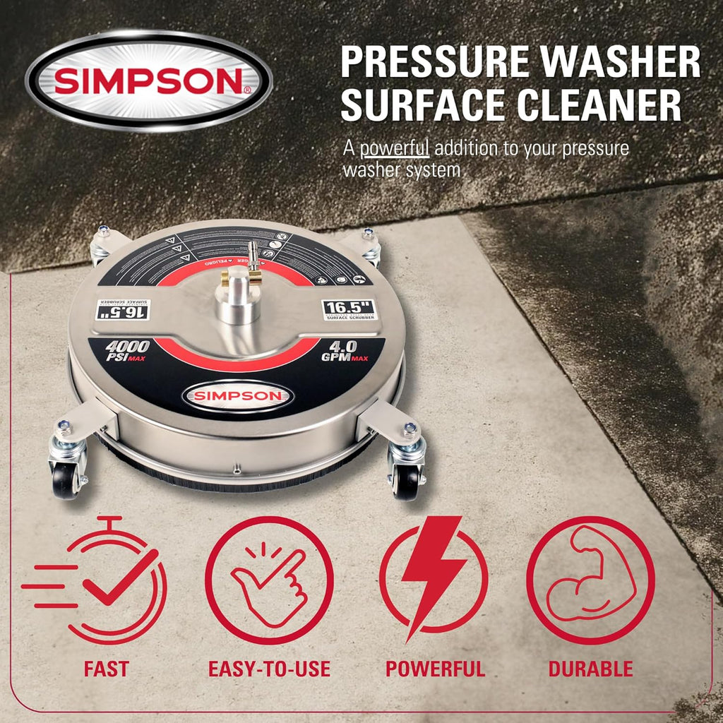Simpson Cleaning Universal 16.5" Pressure Washer Surface Cleaner, Stainless Steel, for Gas and Electric, Cold Water, 1/4" Quick Connection, Max of 4000 PSI, 80625