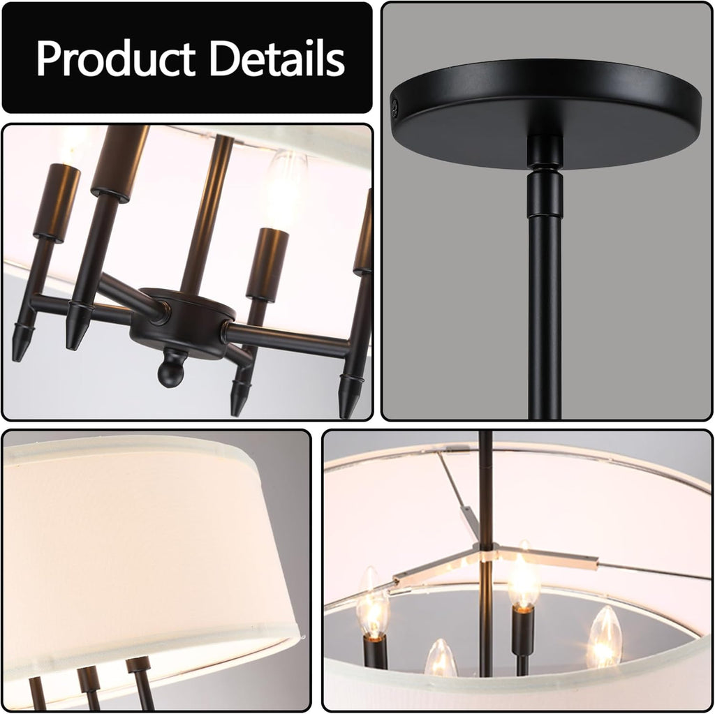 Untrammelife Drum Pendant Chandelier 4-Lights Black Ceiling Hanging Light Fixture with 20" White Shade, for Dining Room Living Room Bedroom Kitchen Island Stairway Hallway