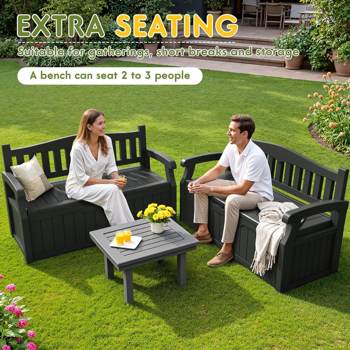 Greesum 80 Gallon Storage Bench Outdoor Deck Box with Armrest, Patio Furniture,Lockable, Waterproof and UV Resistant, Suitable for Garden, Pool, Black