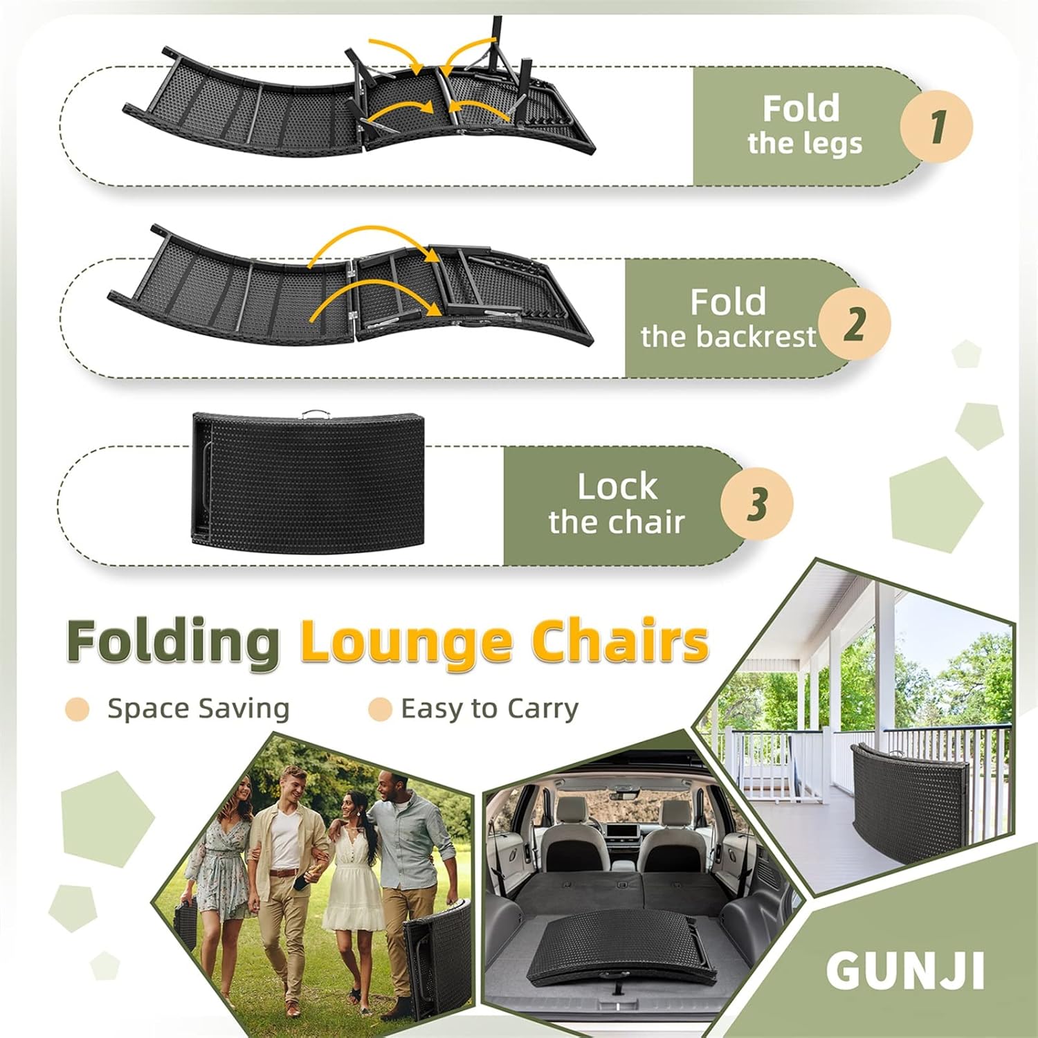 GUNJI Lounge Chairs for Outside 3 Pieces Patio Adjustable Chaise Lounge Outdoor Wicker Lounge Chairs Set of 2 with Table Folding Chaise Lounger for Poolside, Deck, Lawn (Blue)
