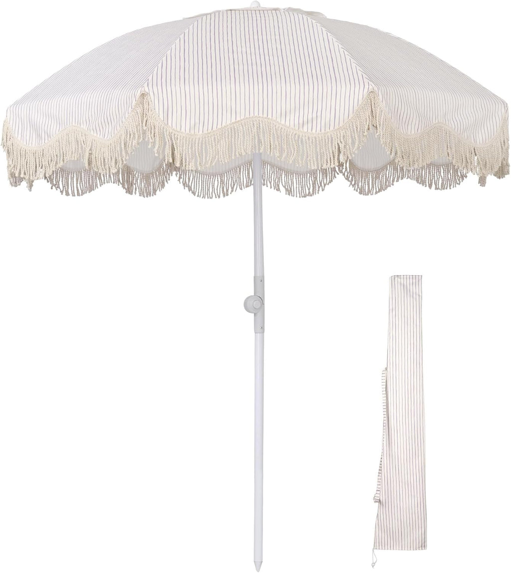 LAGarden Ocean Windproof 6Ft Outdoor Fringe Umbrella Tilting Beach Umbrellas for Sand Portable with Carry Bag Patio Yard Picnic Table Garden Lawn Deck Wedding Pool Party Event