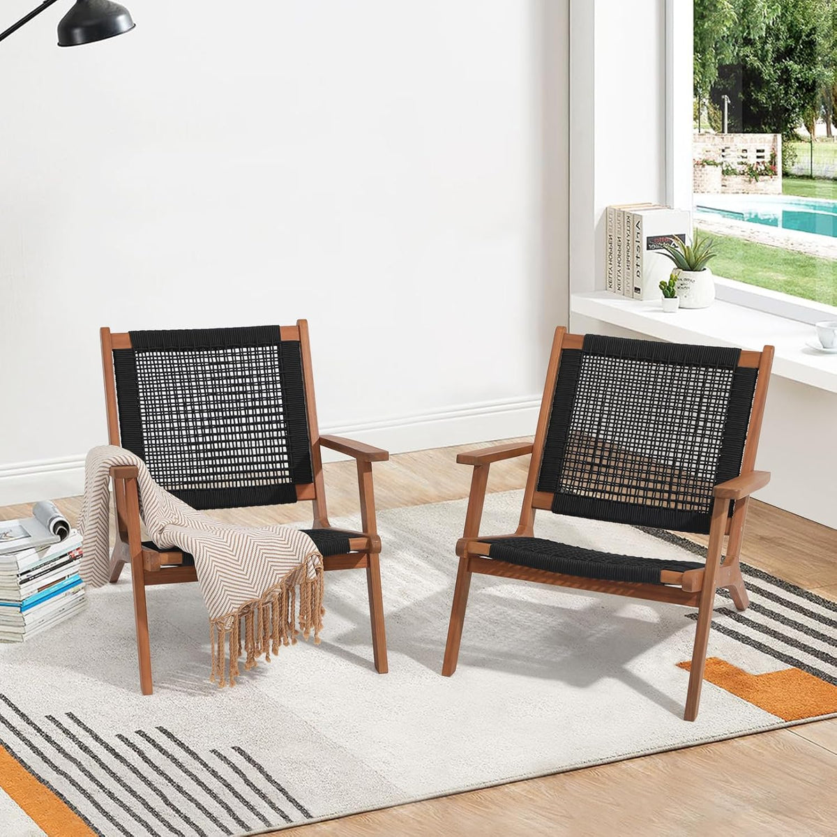 Verano Garden Mid Century Modern Accent Armchair Set of 2, Reading Lounge Chair with Handwoven Rope and Solid Acacia Wood Frame for Living Room, Bedroom, Patio,Balcony