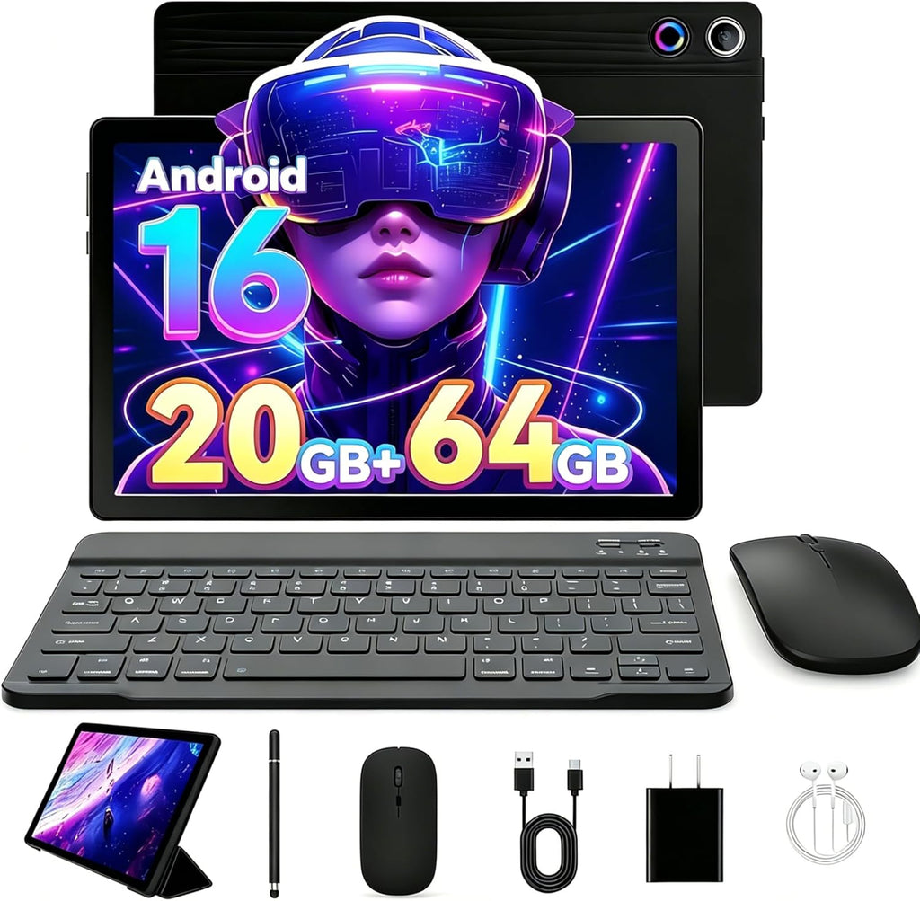 Latest 2026 Upgraded Android 16 Tablet 10.1 Inch with IPS HD Touch Screen, Dual Camera, 64GB Storage 1TB Expansion, 8 in 1 Tablets Kit with Keyboard, Protective Case, Mouse, Stylus, BT 5.4, WiFi 6